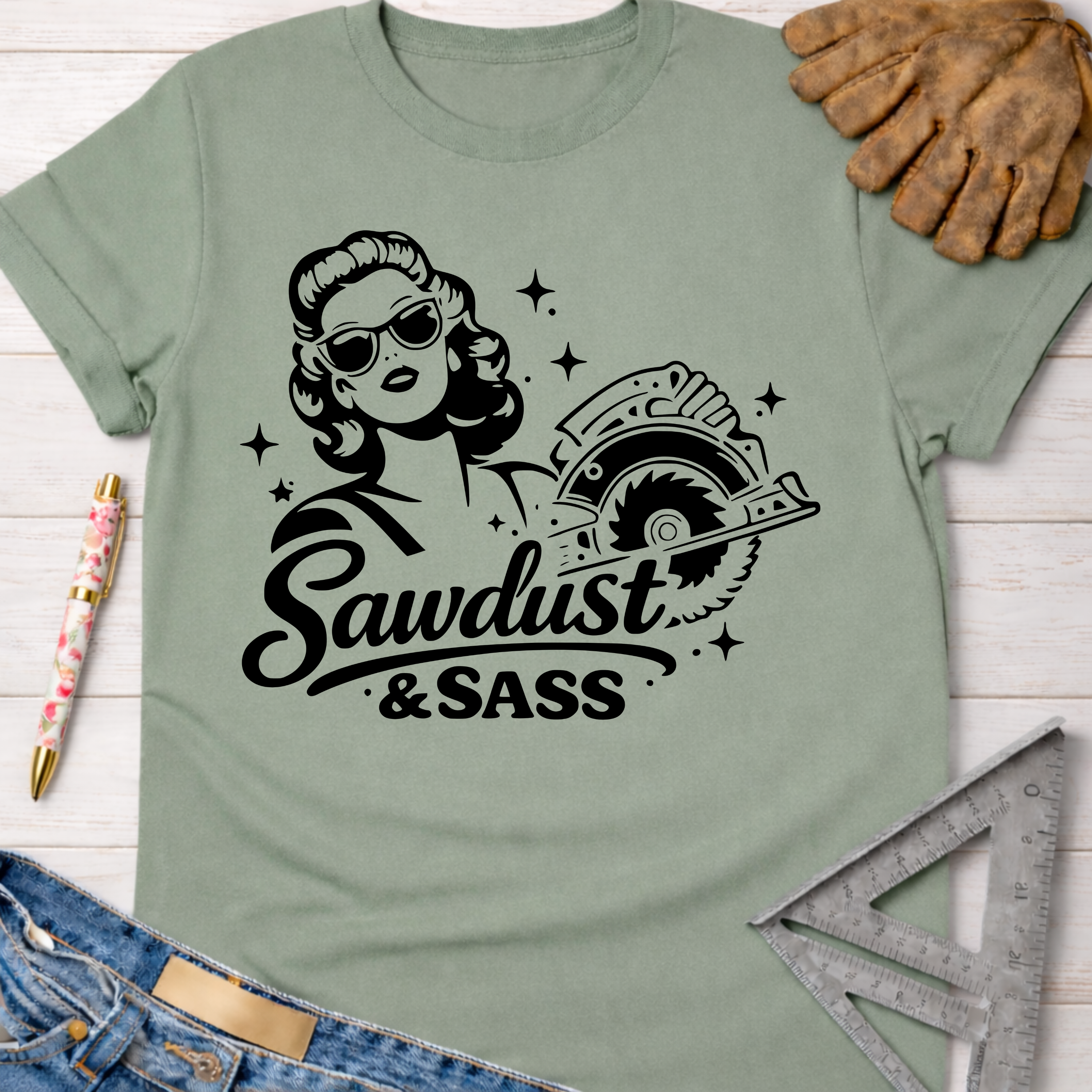 Women's funny woodworking graphic tee shirt for female woodworkers, makers, and DIY builders — Sawdust & Ponytails.