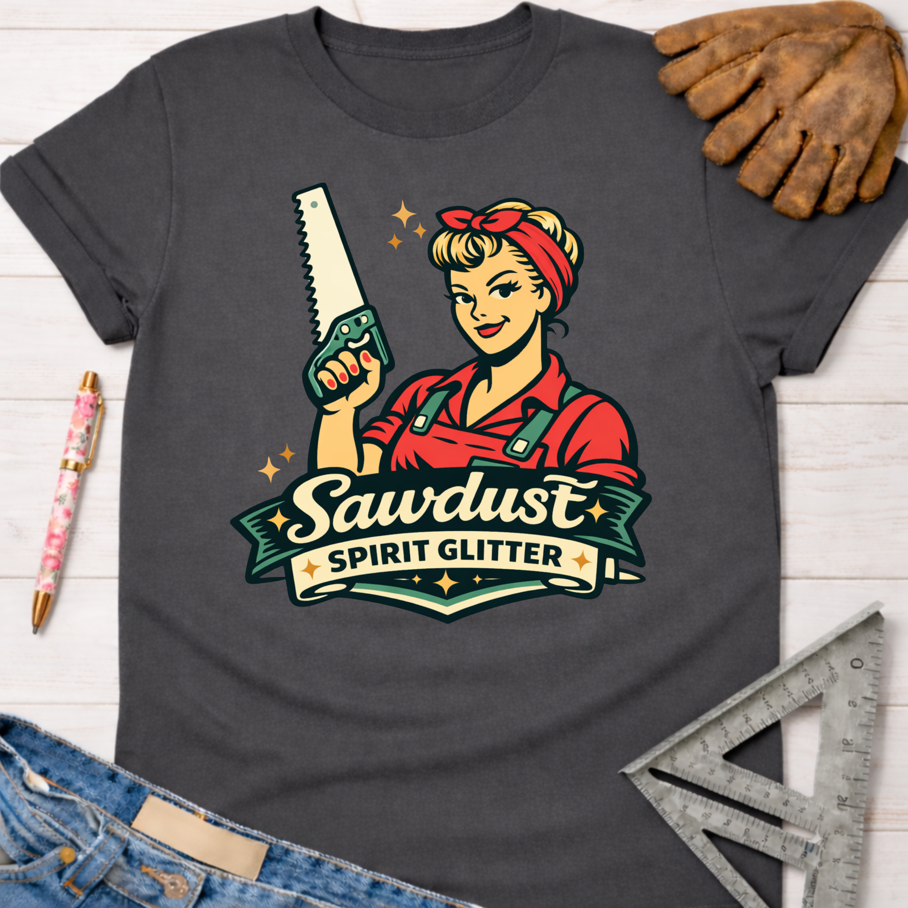 Charcoal gray women's "Sawdust Spirit Glitter" tee with Rosie the Riveter-style woman holding a saw. Women's funny woodworking graphic tee shirt for female woodworkers, makers, and DIY builders — Sawdust & Ponytails