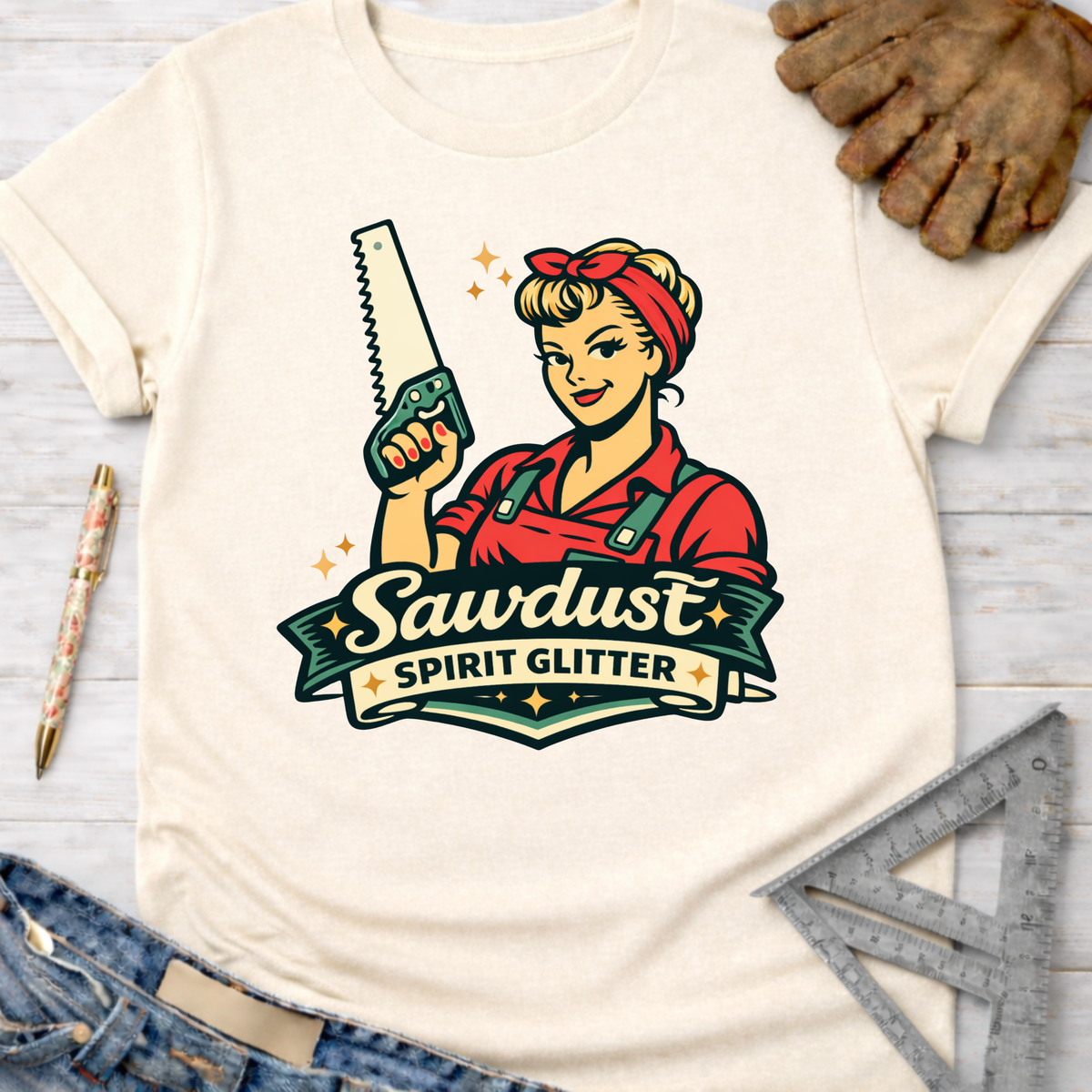 Women's funny woodworking graphic tee shirt for female woodworkers, makers, and DIY builders — Sawdust & Ponytails. Cream t-shirt with a retro Rosie the Riveter-style woman holding a saw and "Sawdust Spirit Glitter" text.