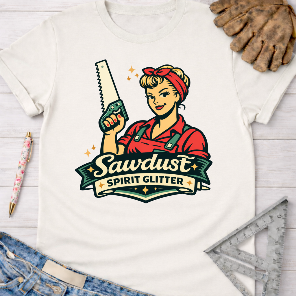 Off-white women's "Sawdust Spirit Glitter" graphic tee with a retro Rosie the Riveter-style woman holding a saw.