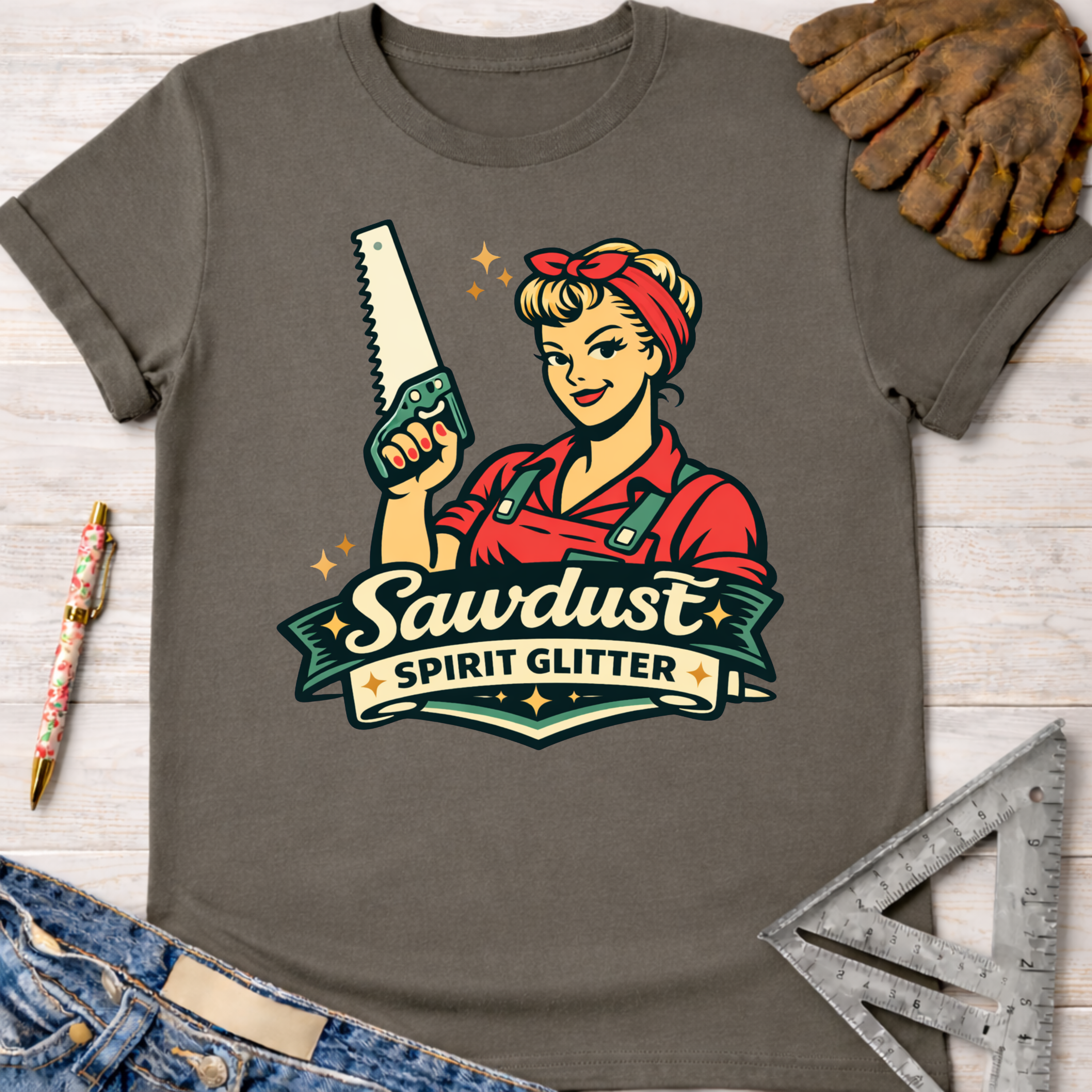 Charcoal gray women's tee with a retro Rosie the Riveter-style graphic holding a saw, "Sawdust Spirit Glitter" text.