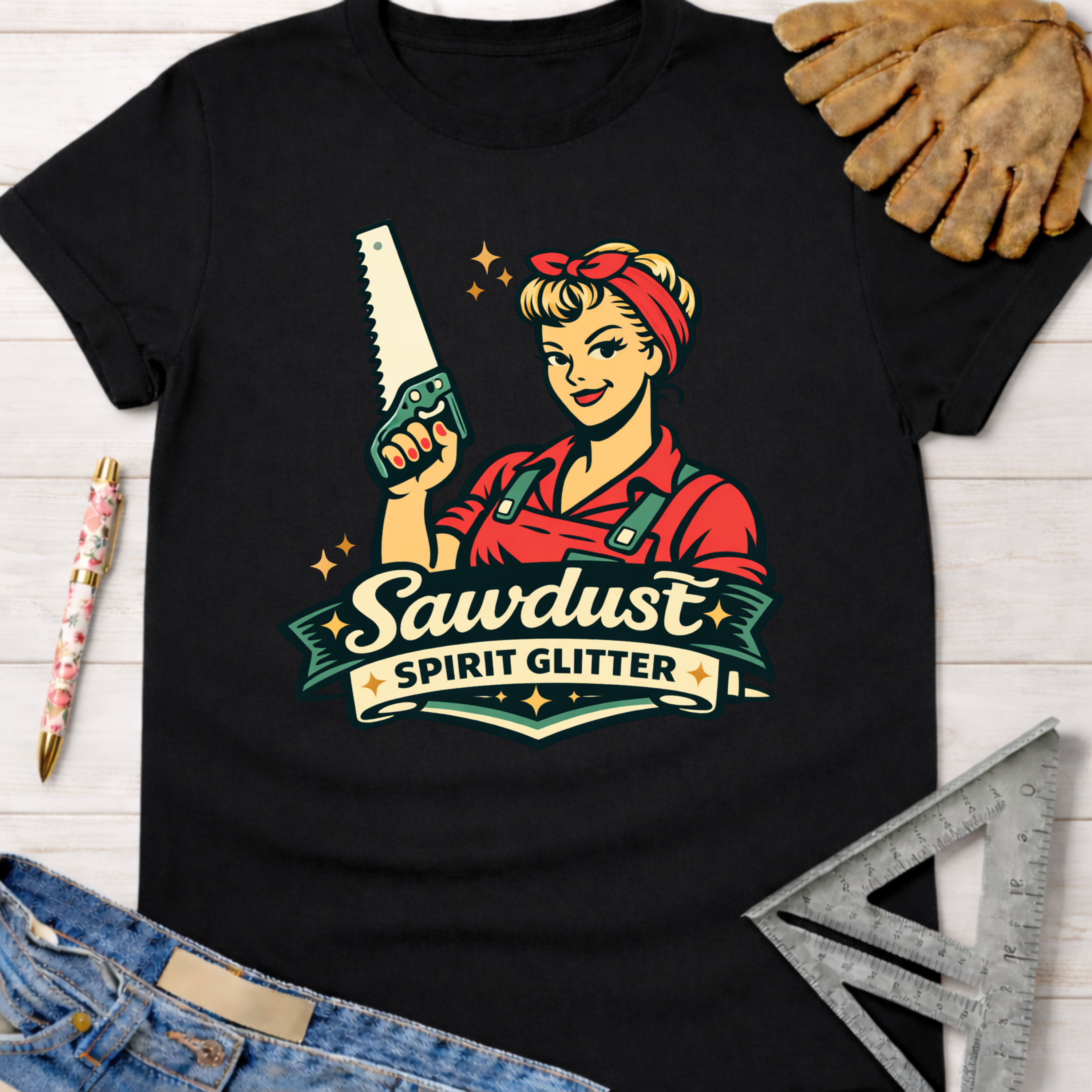 Black cotton tee with "Sawdust Spirit Glitter" graphic featuring a Rosie the Riveter-style woman holding a saw. Women's funny woodworking graphic tee shirt for female woodworkers, makers, and DIY builders — Sawdust & Ponytails.