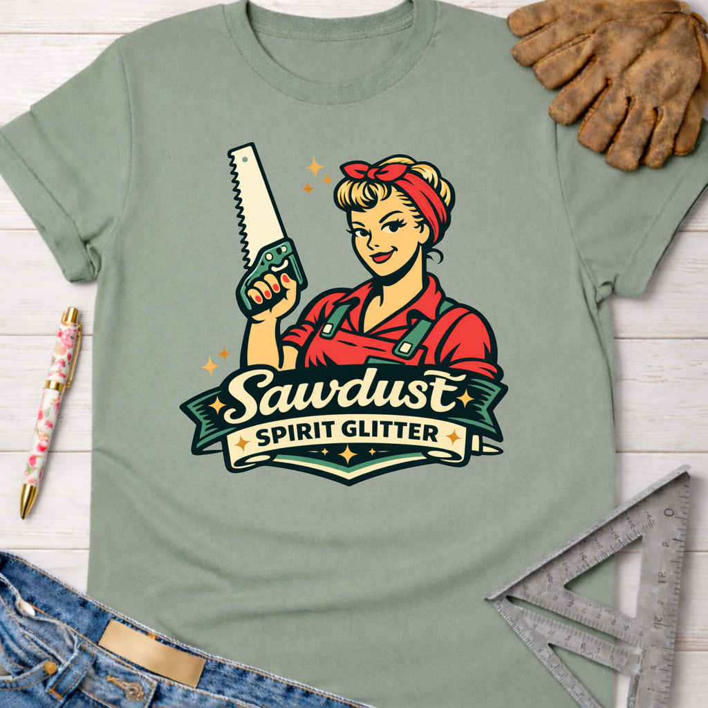 Sage green women's funny woodworking graphic tee with a retro Rosie the Riveter-style woman holding a saw, "Sawdust Spirit Glitter" text.