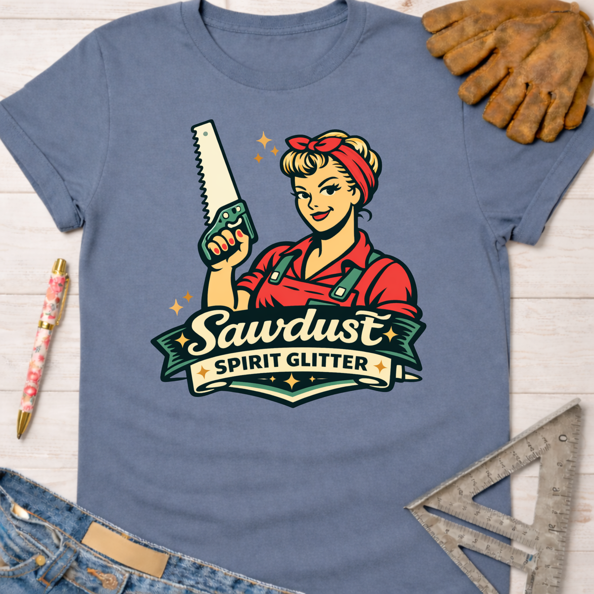 Women's funny woodworking graphic tee shirt for female woodworkers, makers, and DIY builders — Sawdust & Ponytails. Blue short-sleeve tee with a retro Rosie the Riveter-style woman holding a saw and "Sawdust Spirit Glitter" text.