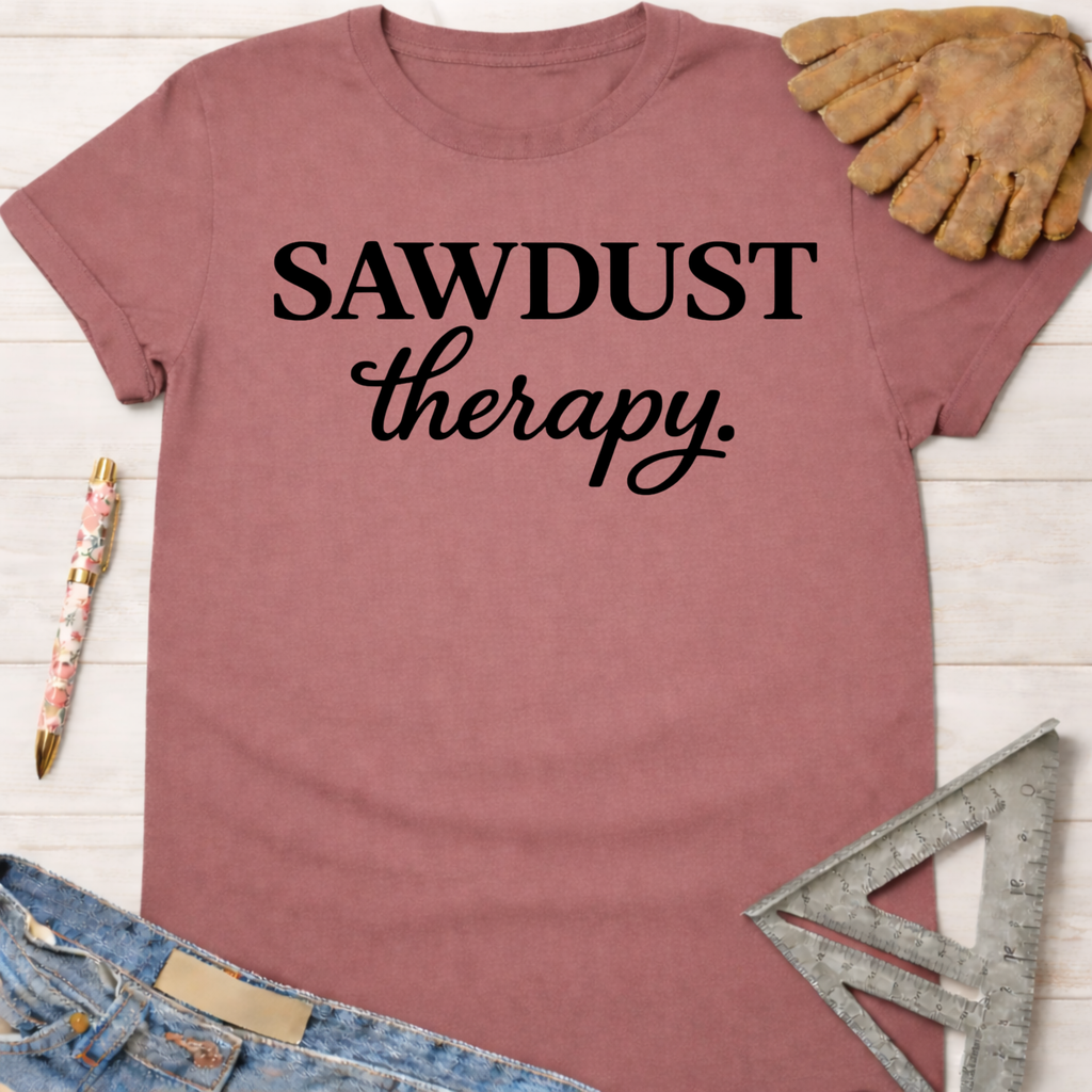 Women's funny woodworking graphic tee shirt for female woodworkers, makers, and DIY builders — Sawdust & Ponytails. Mauve cotton tee with "SAWDUST therapy." in black text.