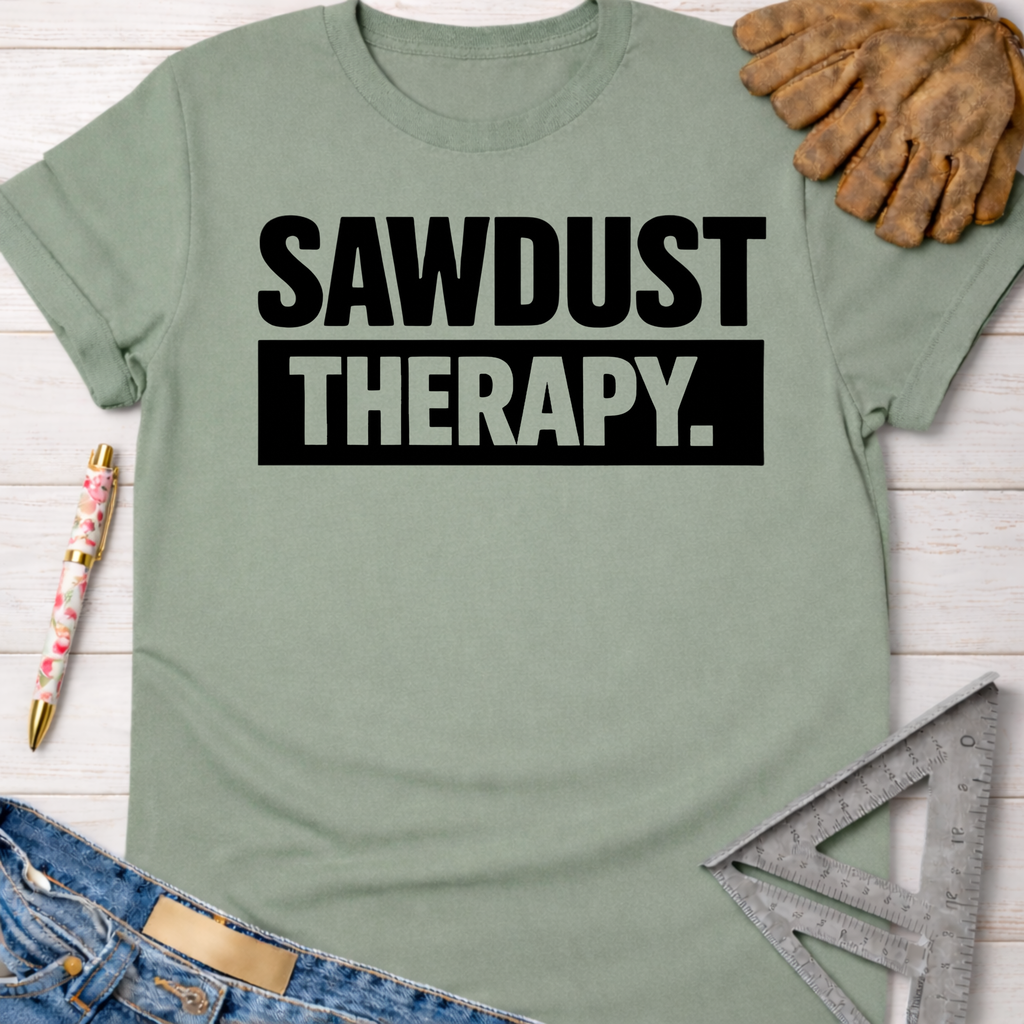 Sage green women's "SAWDUST THERAPY" graphic tee with black text, work gloves, jeans, and ruler.