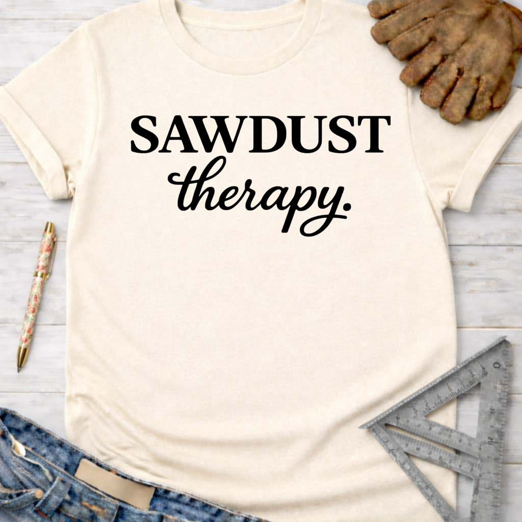 Women's funny woodworking graphic tee shirt for female woodworkers, makers, and DIY builders — Sawdust & Ponytails. Cream short-sleeve t-shirt with "SAWDUST therapy." in black script.