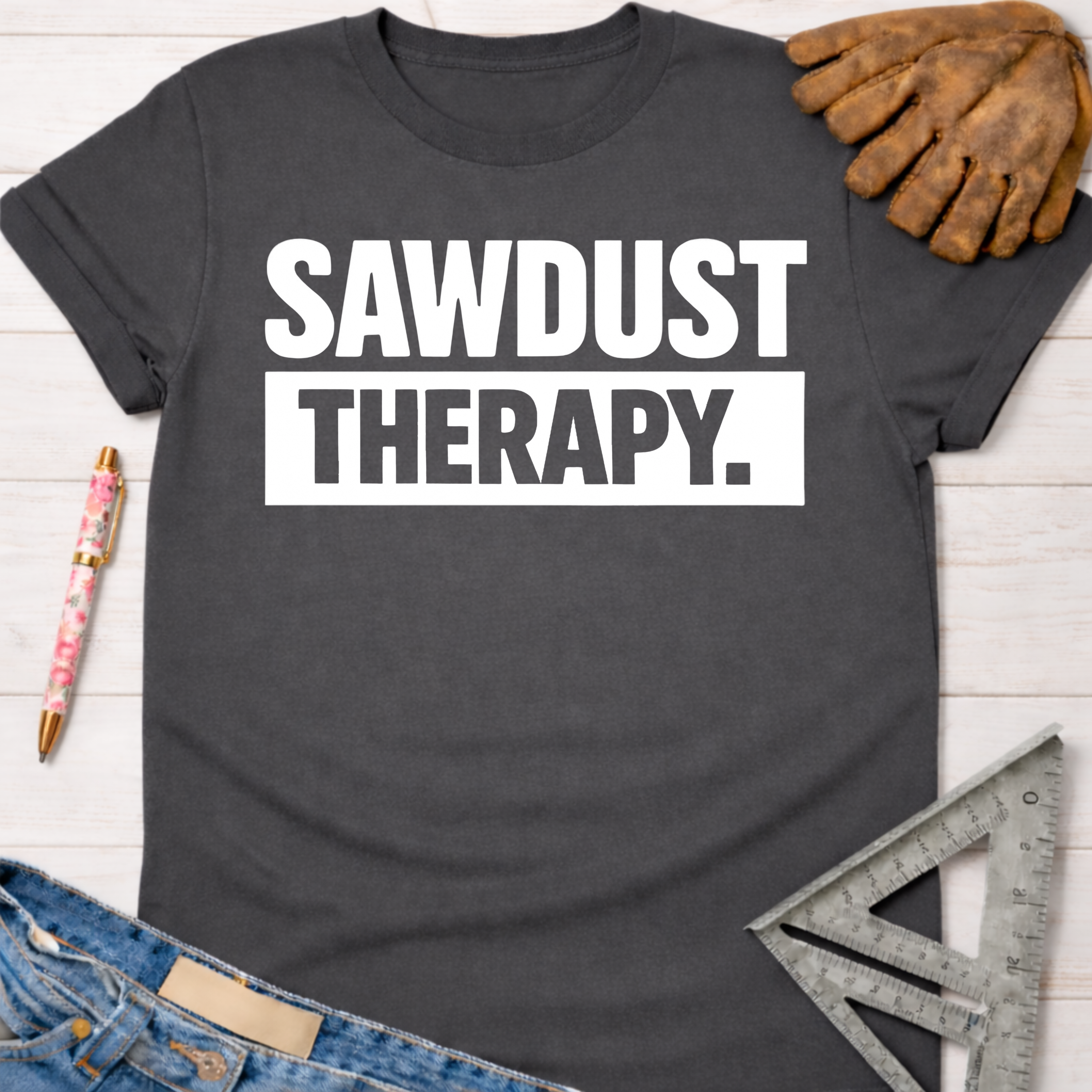Charcoal gray women's "Sawdust Therapy" graphic tee, with work glove, jeans, and ruler. Sawdust & Ponytails.