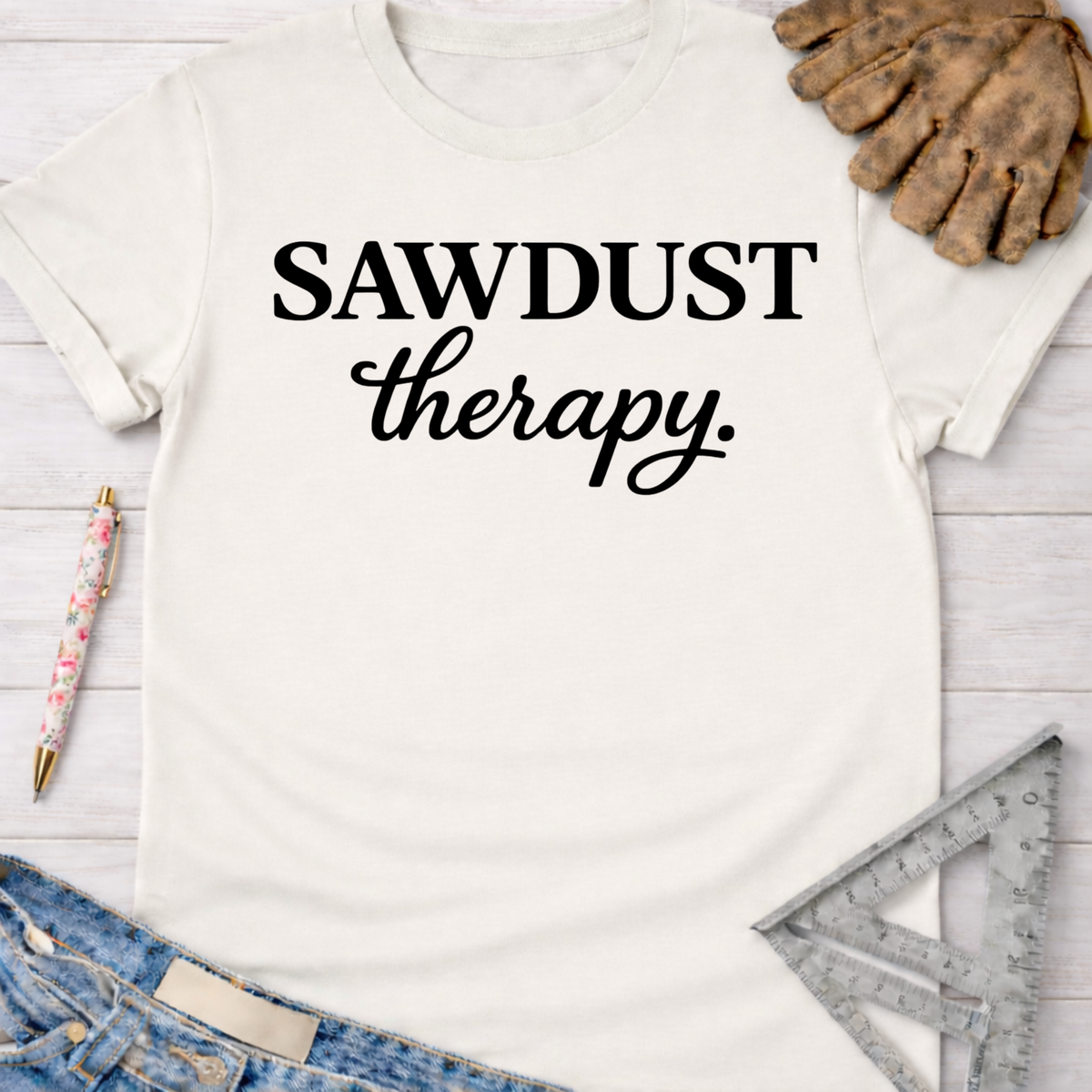 Women's funny woodworking graphic tee shirt for female woodworkers, makers, and DIY builders — Sawdust & Ponytails.