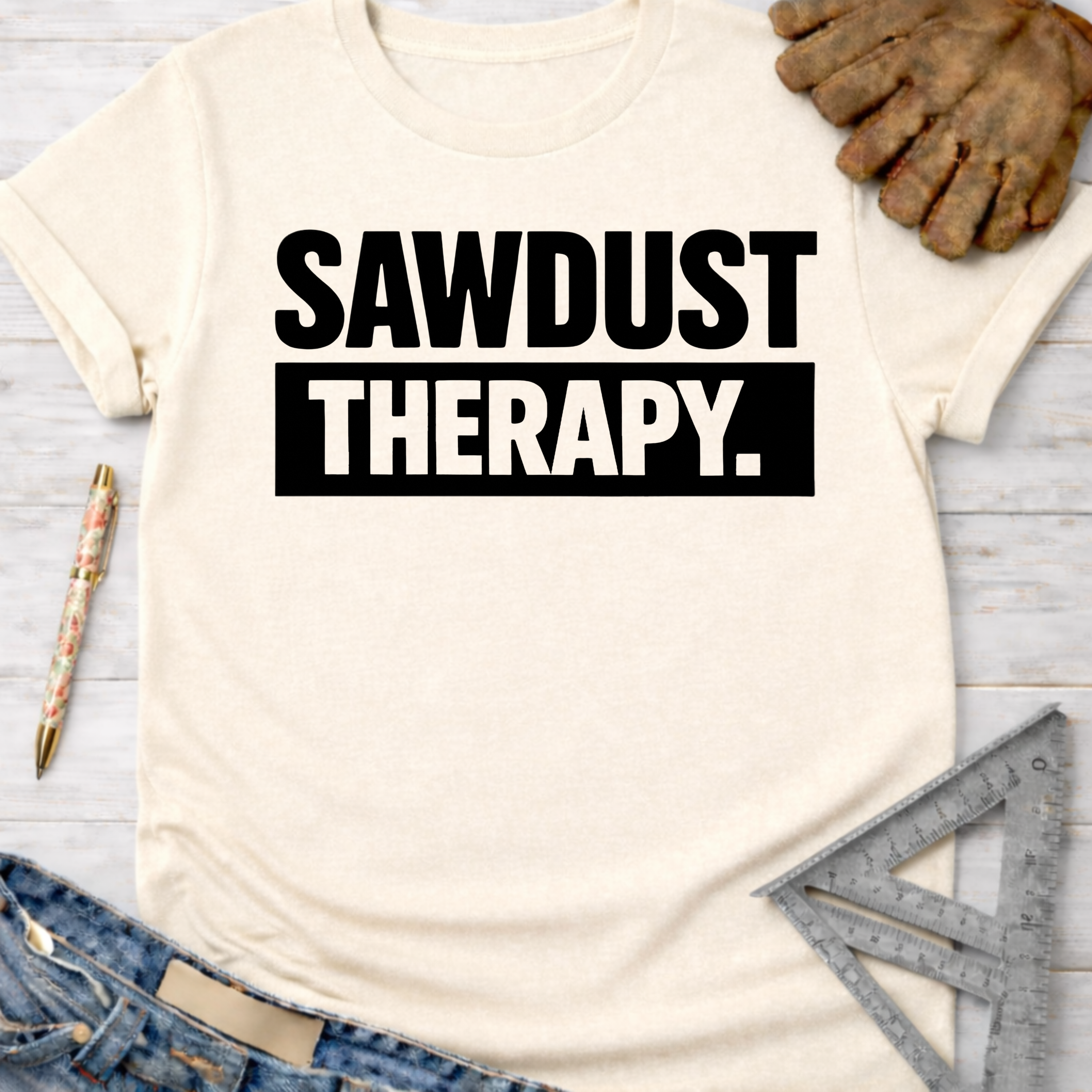 Women's funny woodworking graphic tee shirt for female woodworkers, makers, and DIY builders — Sawdust & Ponytails. Cream short-sleeve tee with "SAWDUST THERAPY." in black block letters.