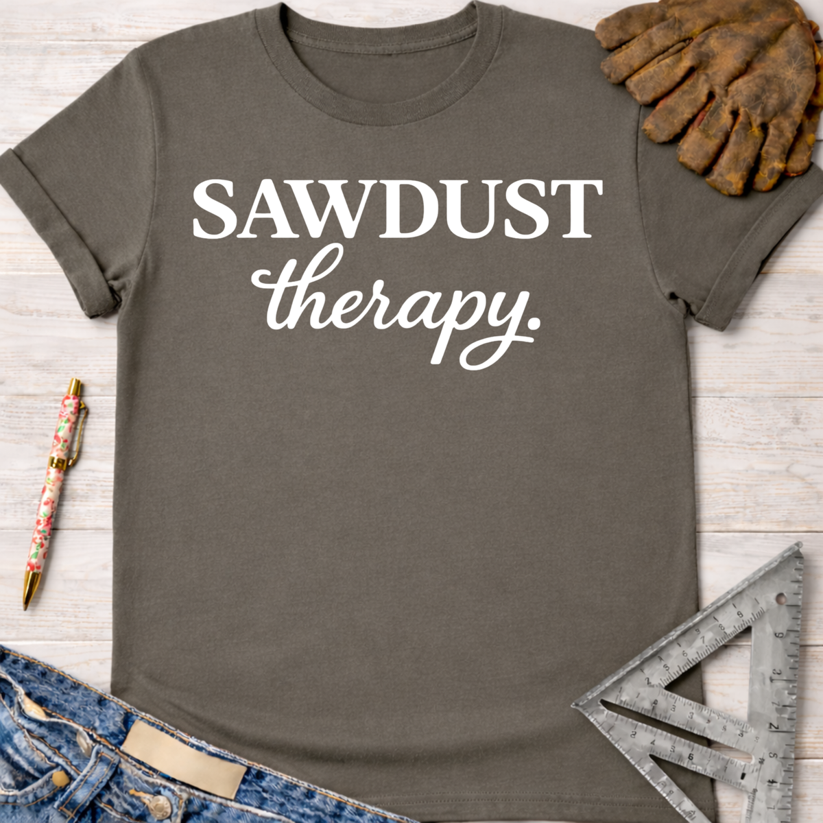 Women's funny woodworking graphic tee shirt for female woodworkers, makers, and DIY builders — Sawdust & Ponytails. Dark gray cotton tee with "SAWDUST therapy." in white text.