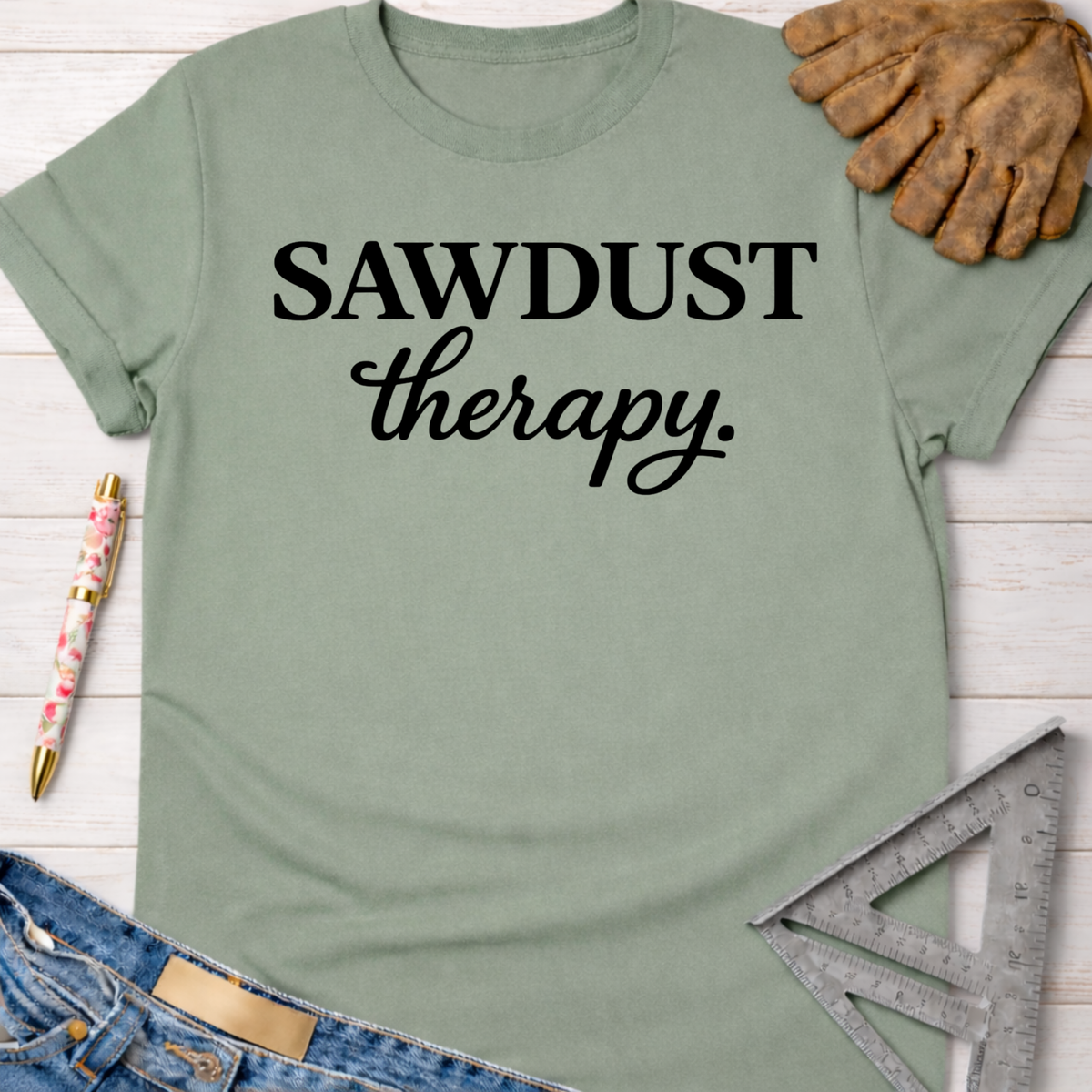 Women's funny woodworking graphic tee shirt for female woodworkers, makers, and DIY builders — Sawdust & Ponytails. Sage green cotton tee with "SAWDUST therapy." in black text.