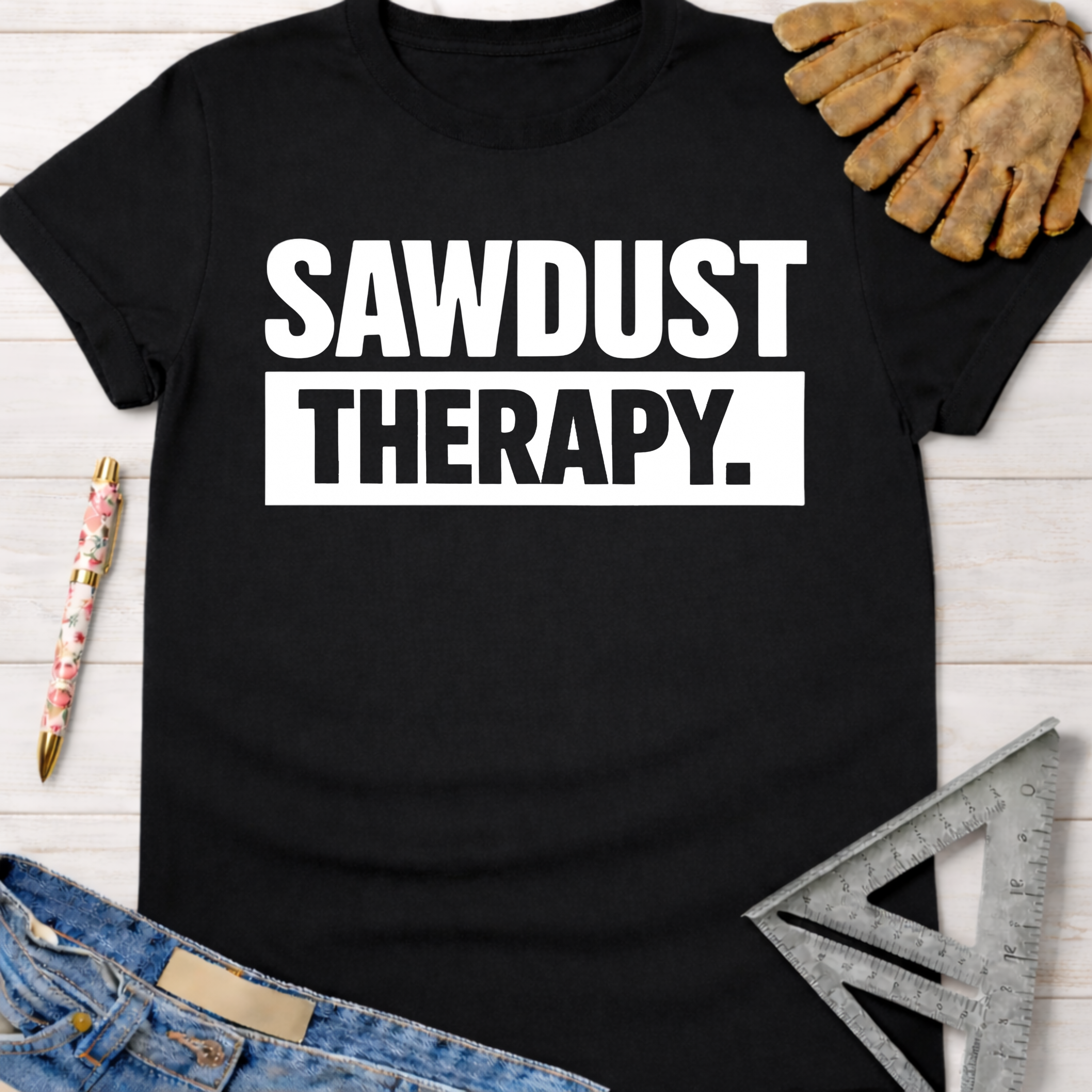 Black cotton "SAWDUST THERAPY" graphic tee for women, with work gloves, jeans, and a square ruler.