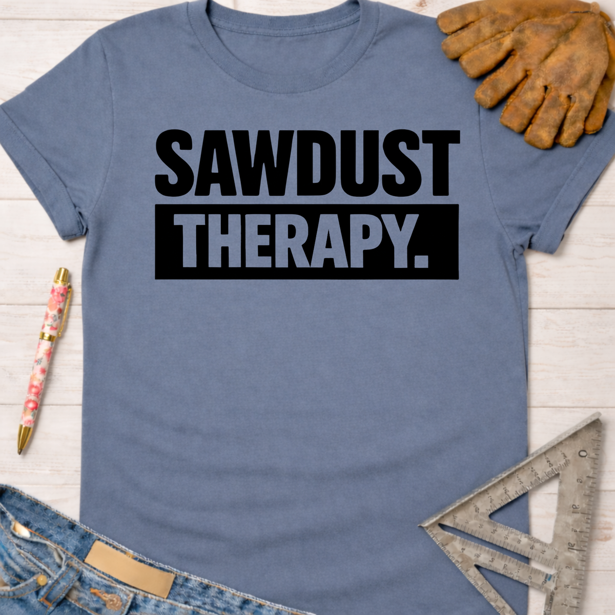 Women's funny woodworking graphic tee shirt for female woodworkers, makers, and DIY builders — Sawdust & Ponytails. Blue cotton tee with "SAWDUST THERAPY." in black text, styled with work gloves and tools.