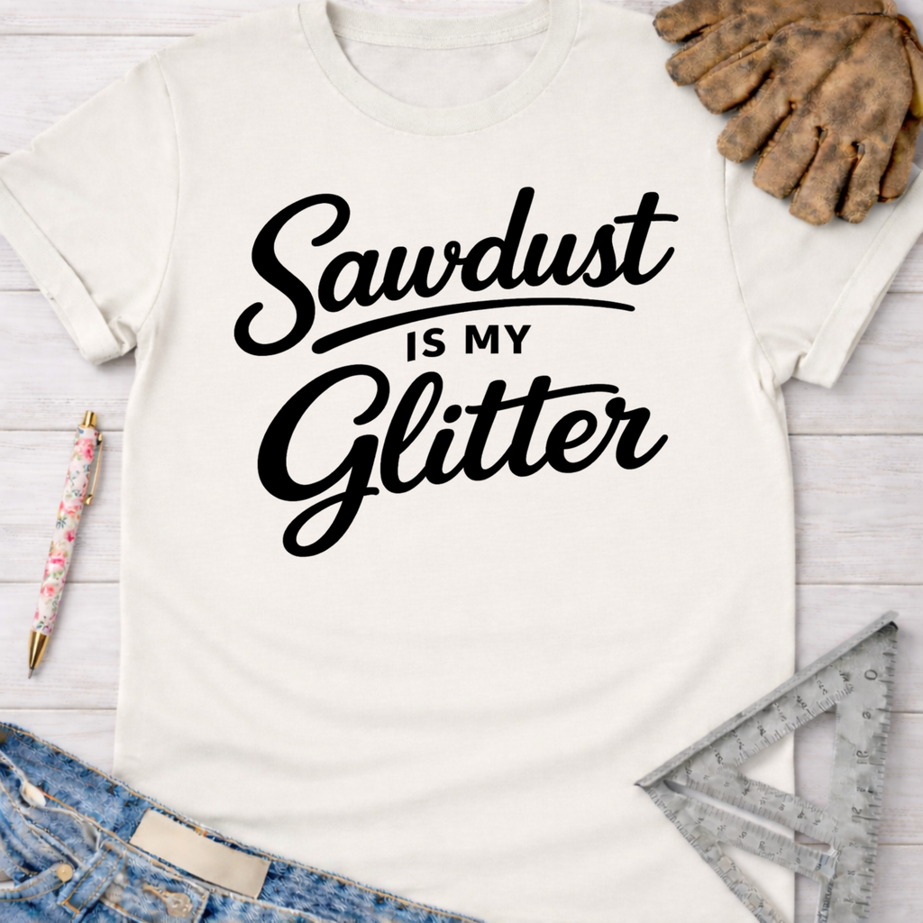 Women's funny woodworking graphic tee shirt for female woodworkers, makers, and DIY builders — Sawdust & Ponytails.