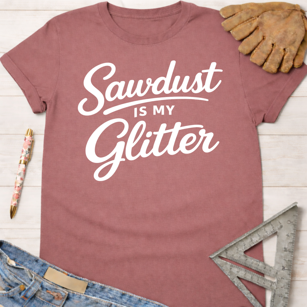 Women's funny woodworking graphic tee shirt for female woodworkers, makers, and DIY builders — Sawdust & Ponytails.