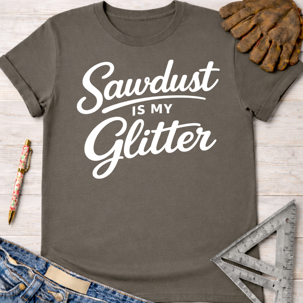 Women's funny woodworking graphic tee shirt for female woodworkers, makers, and DIY builders — Sawdust & Ponytails. Dark gray t-shirt with "Sawdust Is My Glitter" in white script.