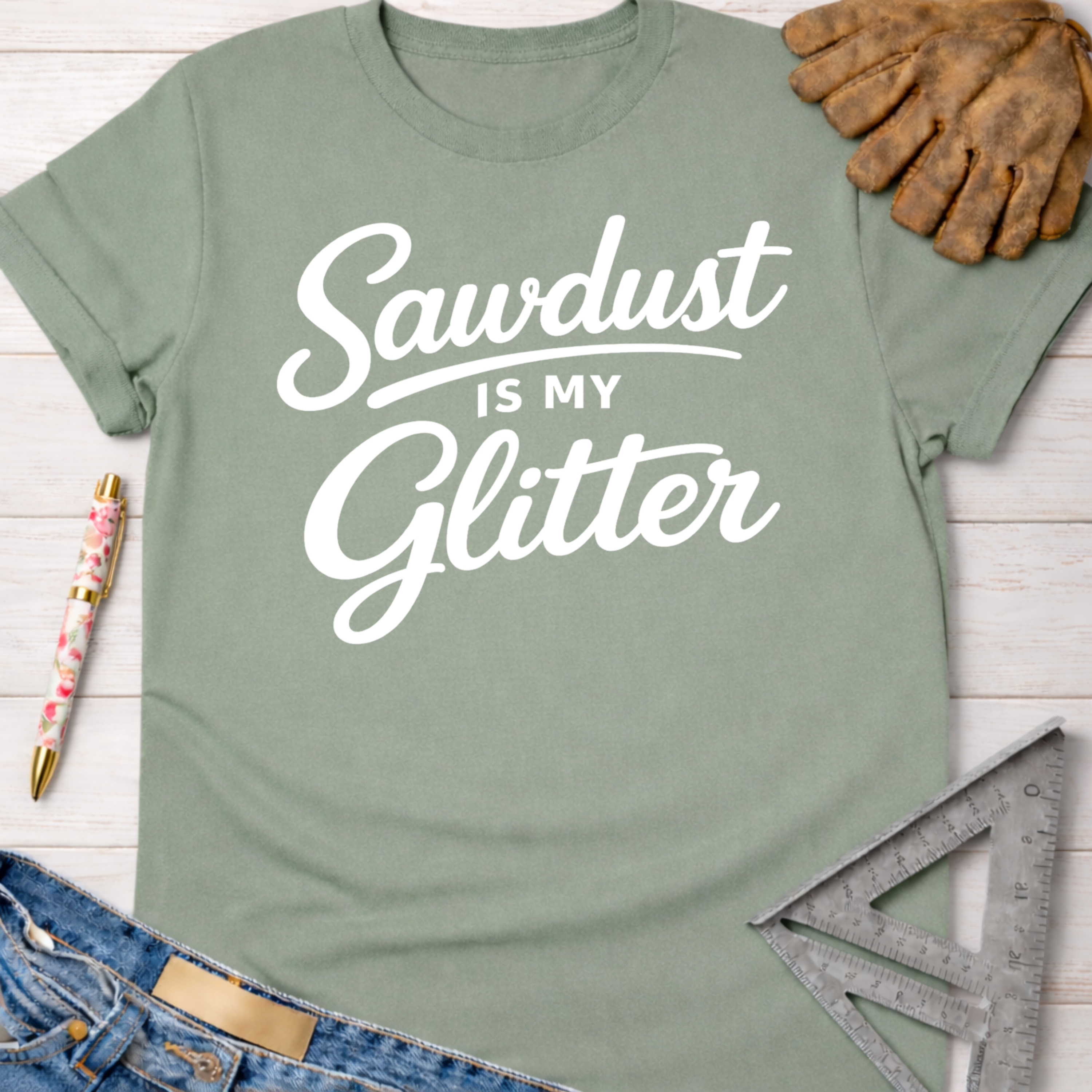 Women's funny woodworking graphic tee shirt for female woodworkers, makers, and DIY builders — Sawdust & Ponytails. Sage green t-shirt with "Sawdust is My Glitter" in white script.