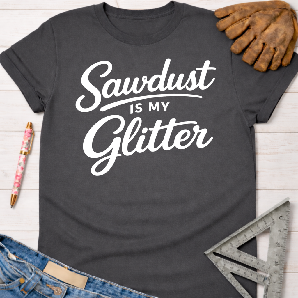 Women's funny woodworking graphic tee shirt for female woodworkers, makers, and DIY builders — Sawdust & Ponytails. Dark gray cotton tee with "Sawdust Is My Glitter" in white script.