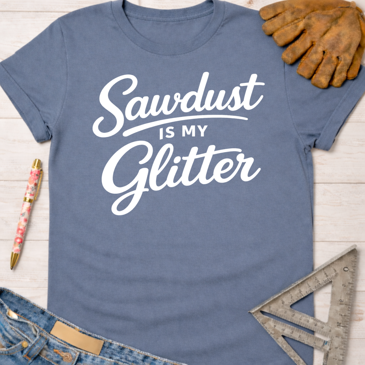 Women's funny woodworking graphic tee shirt for female woodworkers, makers, and DIY builders — Sawdust & Ponytails. Blue cotton tee with "Sawdust is My Glitter" in white script.
