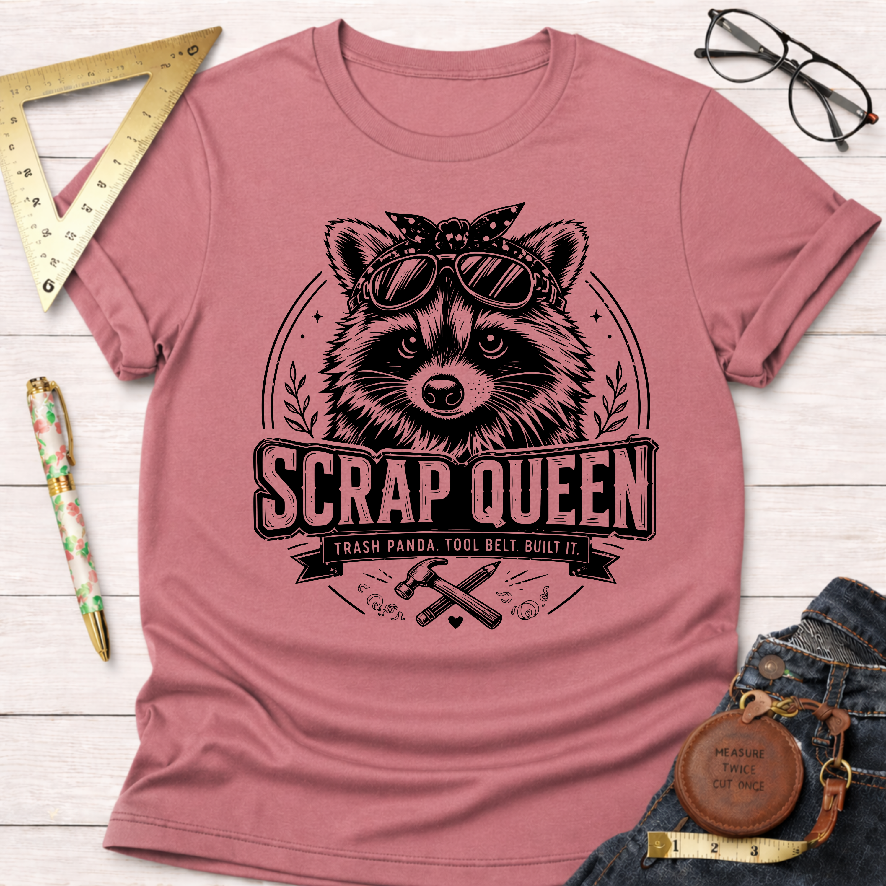 Dusty rose cotton t-shirt with a black graphic of a raccoon wearing sunglasses and a bandana, text "SCRAP QUEEN".