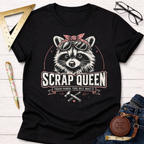Black cotton t-shirt with a "Scrap Queen" raccoon wearing a bandana and sunglasses design.