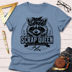 Light blue cotton t-shirt with a "Scrap Queen" raccoon wearing sunglasses and a bandana design.