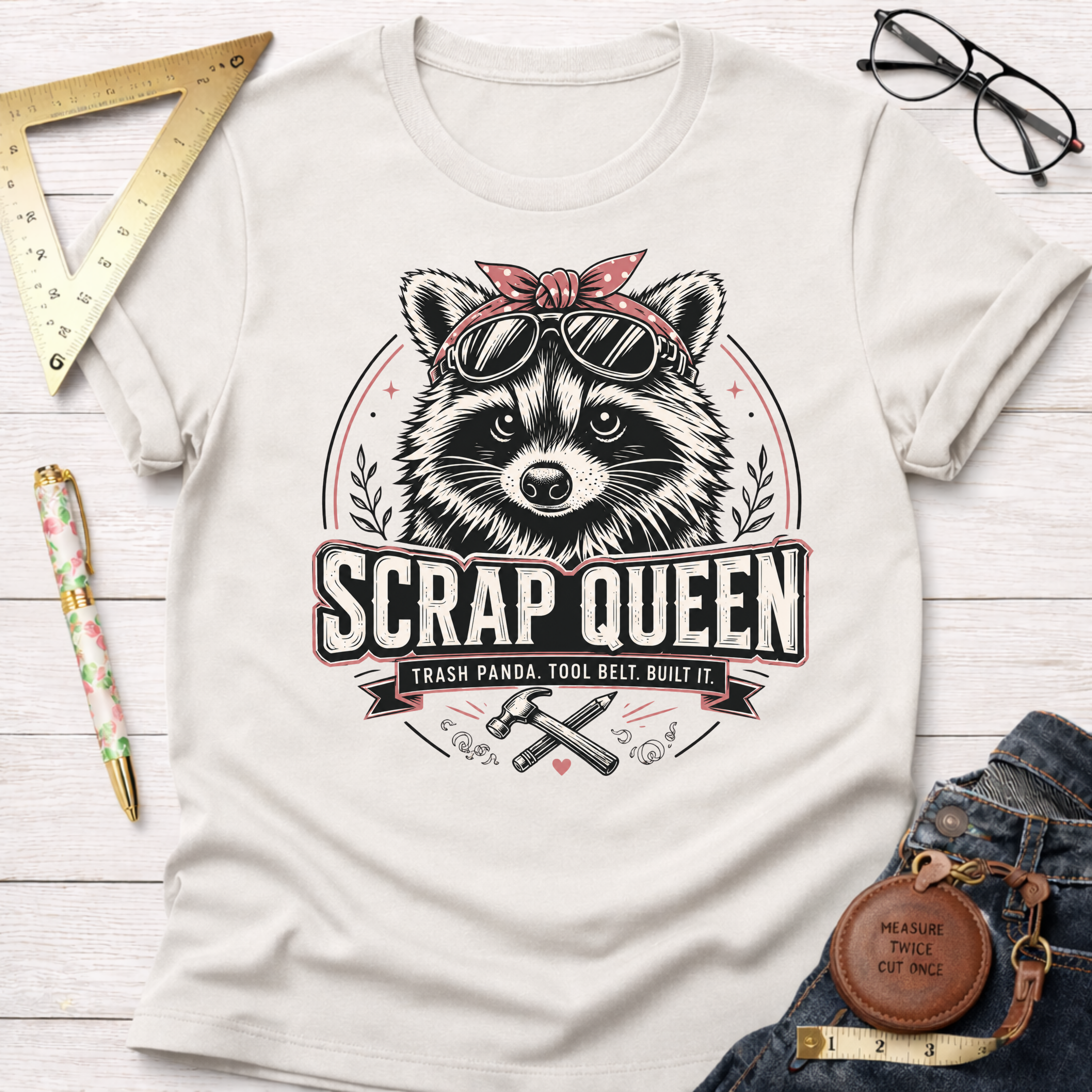 Off-white cotton t-shirt with a "Scrap Queen" raccoon wearing a bandana and sunglasses design.