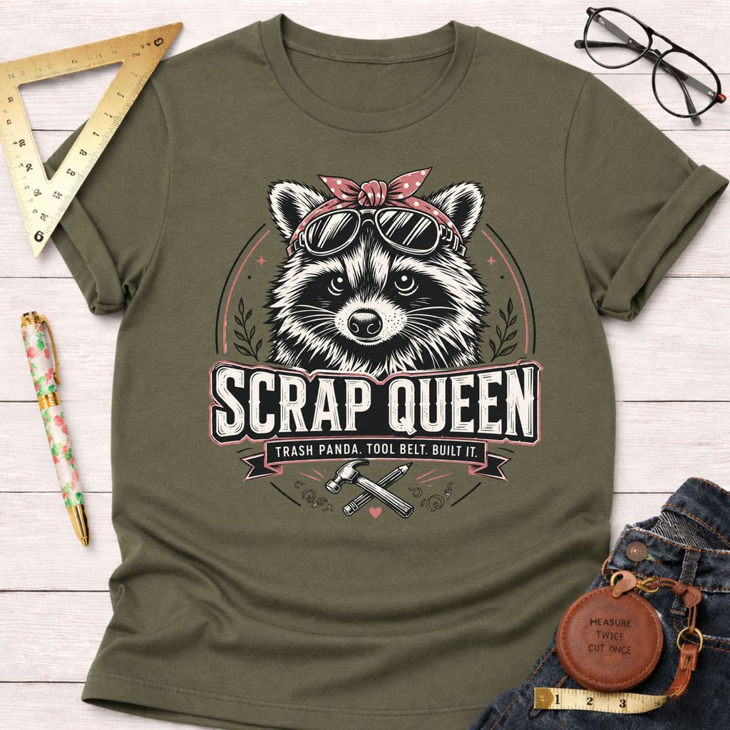 Olive green cotton t-shirt with a "Scrap Queen Trash Panda" graphic featuring a raccoon in sunglasses and a bandana.