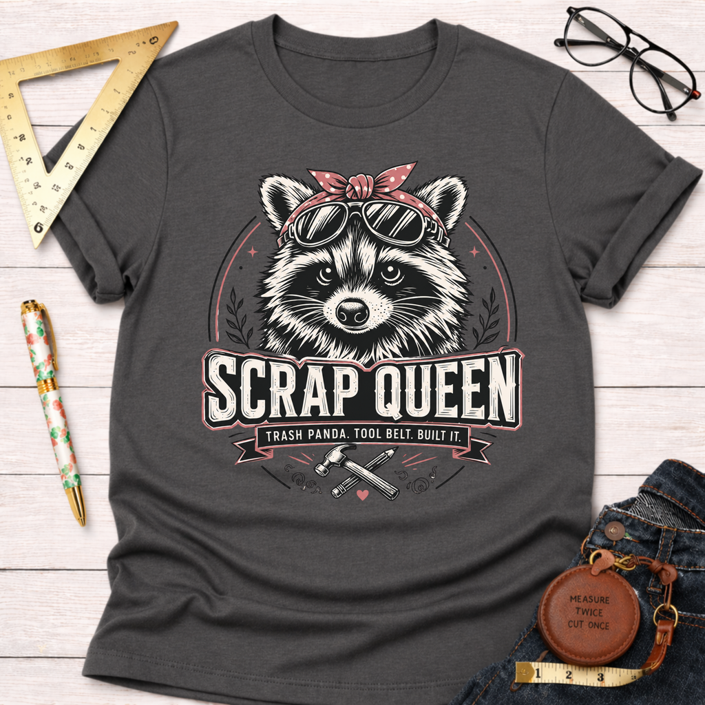 Charcoal grey cotton t-shirt with a "Scrap Queen" raccoon wearing a pink bandana and sunglasses.