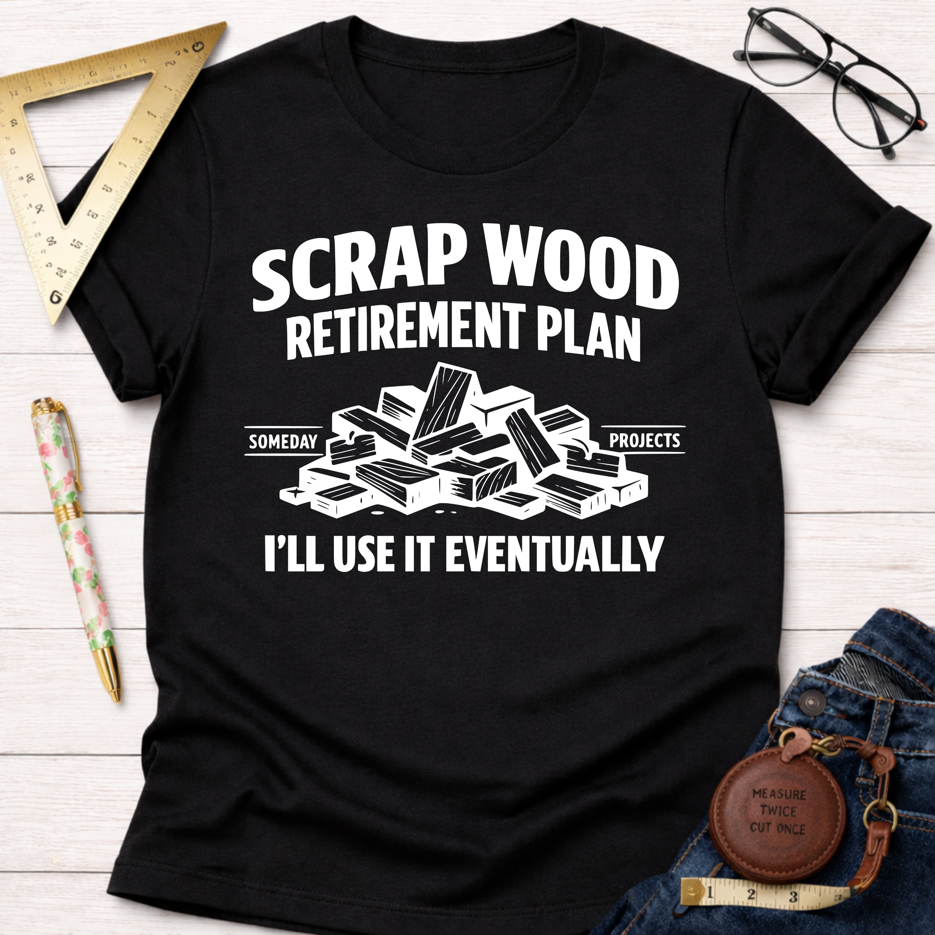 Black "Scrap Wood Retirement Plan" t-shirt with white text and a pile of wood scraps graphic.