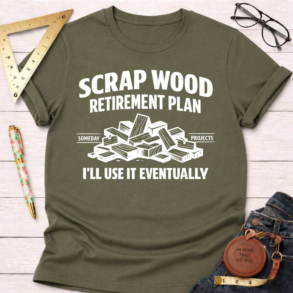 Olive green t-shirt with "Scrap Wood Retirement Plan" text and a pile of wood scraps graphic.