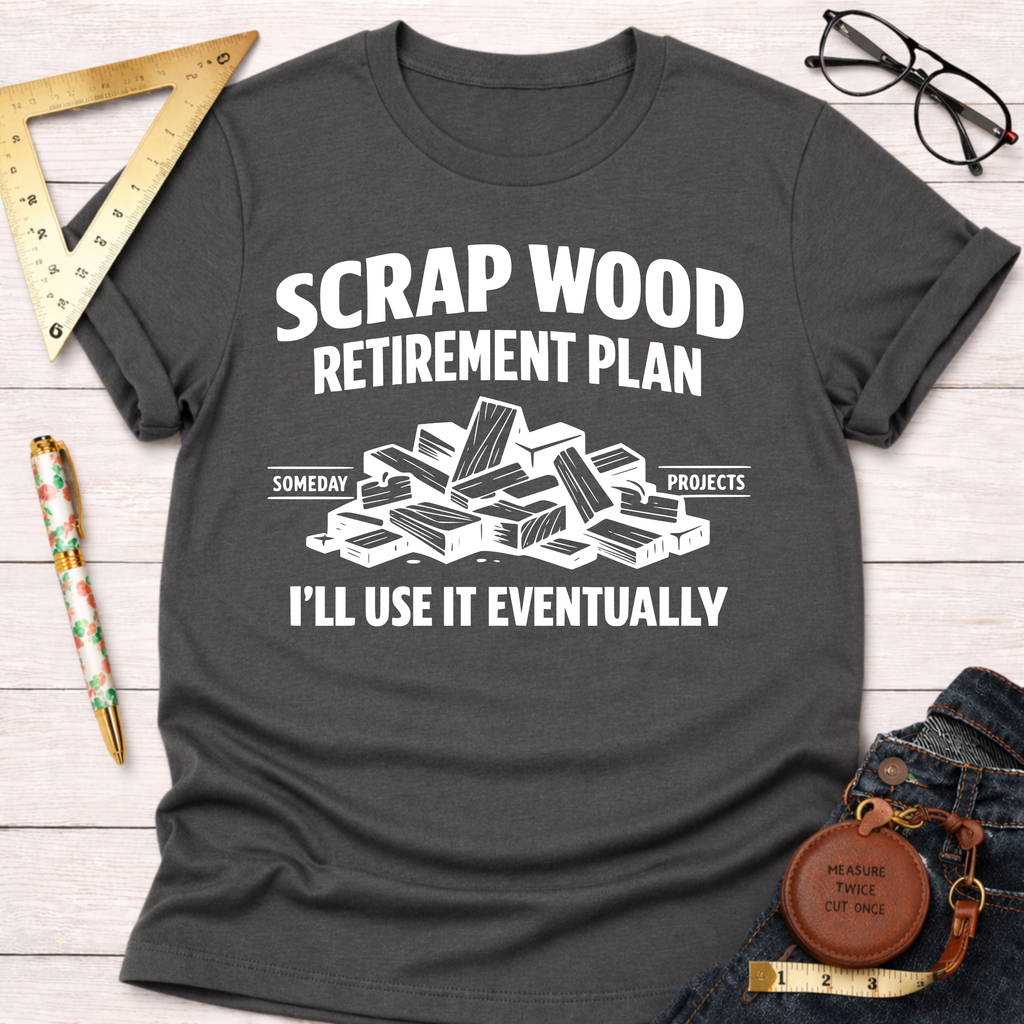 Dark gray t-shirt with "Scrap Wood Retirement Plan" text and a pile of wood scraps graphic.