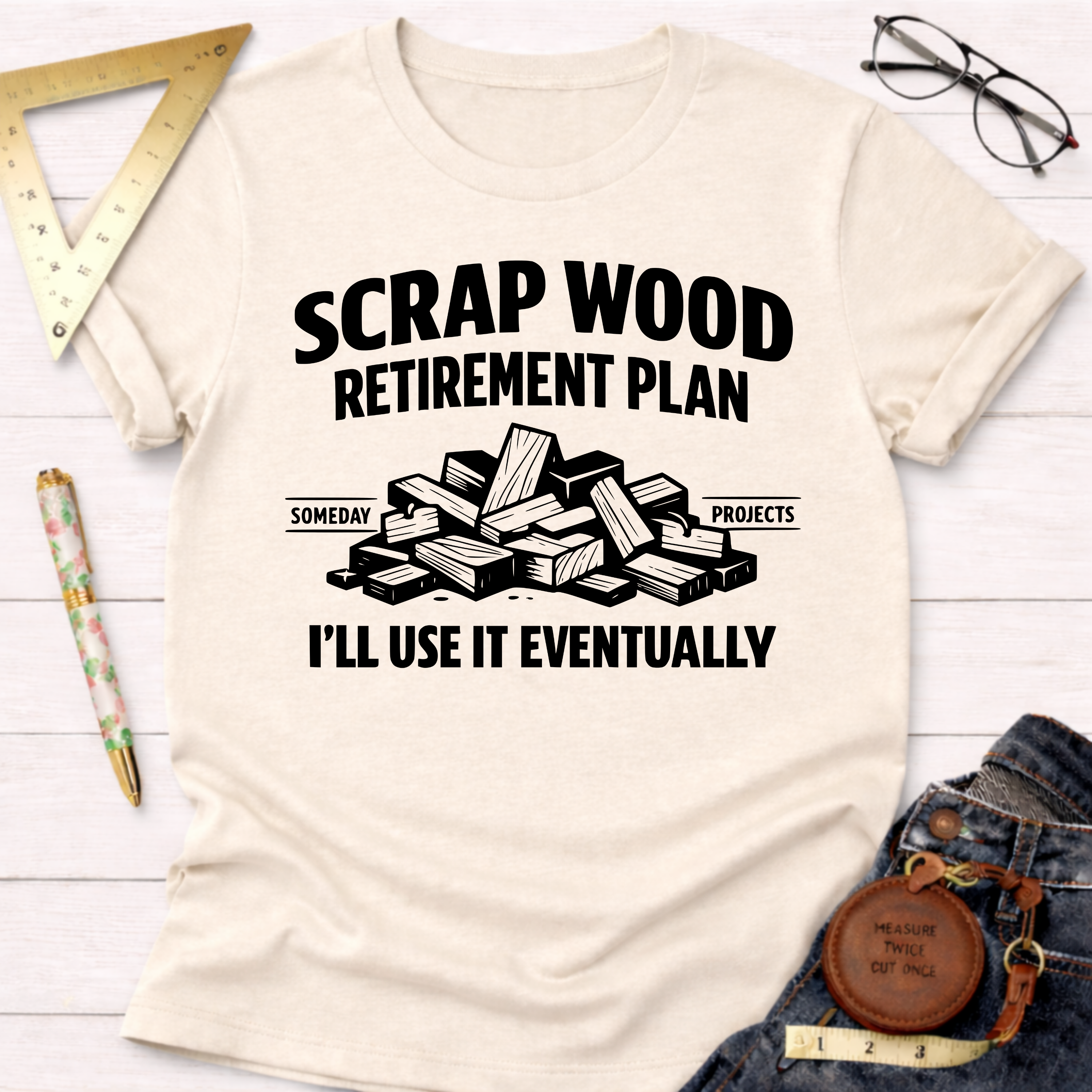 Cream t-shirt with "Scrap Wood Retirement Plan" text and a pile of wood scraps graphic.