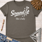 Women's funny woodworking graphic tee shirt for female woodworkers, makers, and DIY builders — Sawdust & Ponytails. Dark gray cotton t-shirt with "Screwed it like a lady" text and a screw graphic.