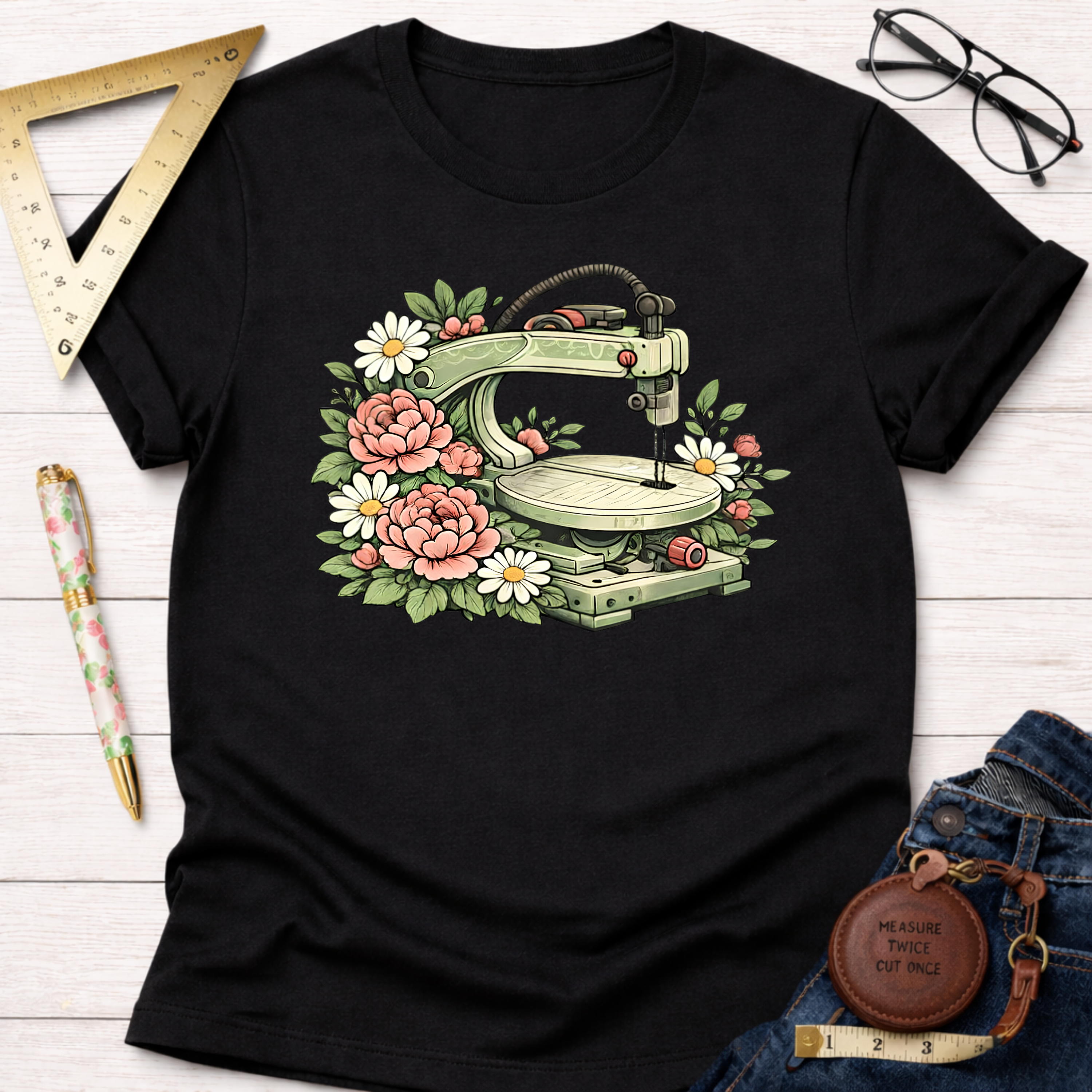 Black t-shirt with a floral scroll saw graphic, surrounded by pink roses and white daisies.