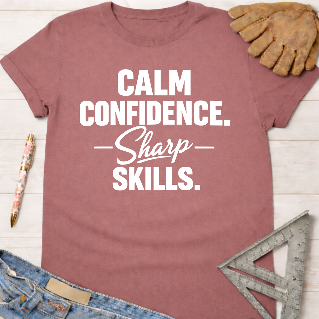 Women's funny woodworking graphic tee shirt for female woodworkers, makers, and DIY builders — Sawdust & Ponytails. Mauve cotton tee with "CALM CONFIDENCE. Sharp SKILLS." text.