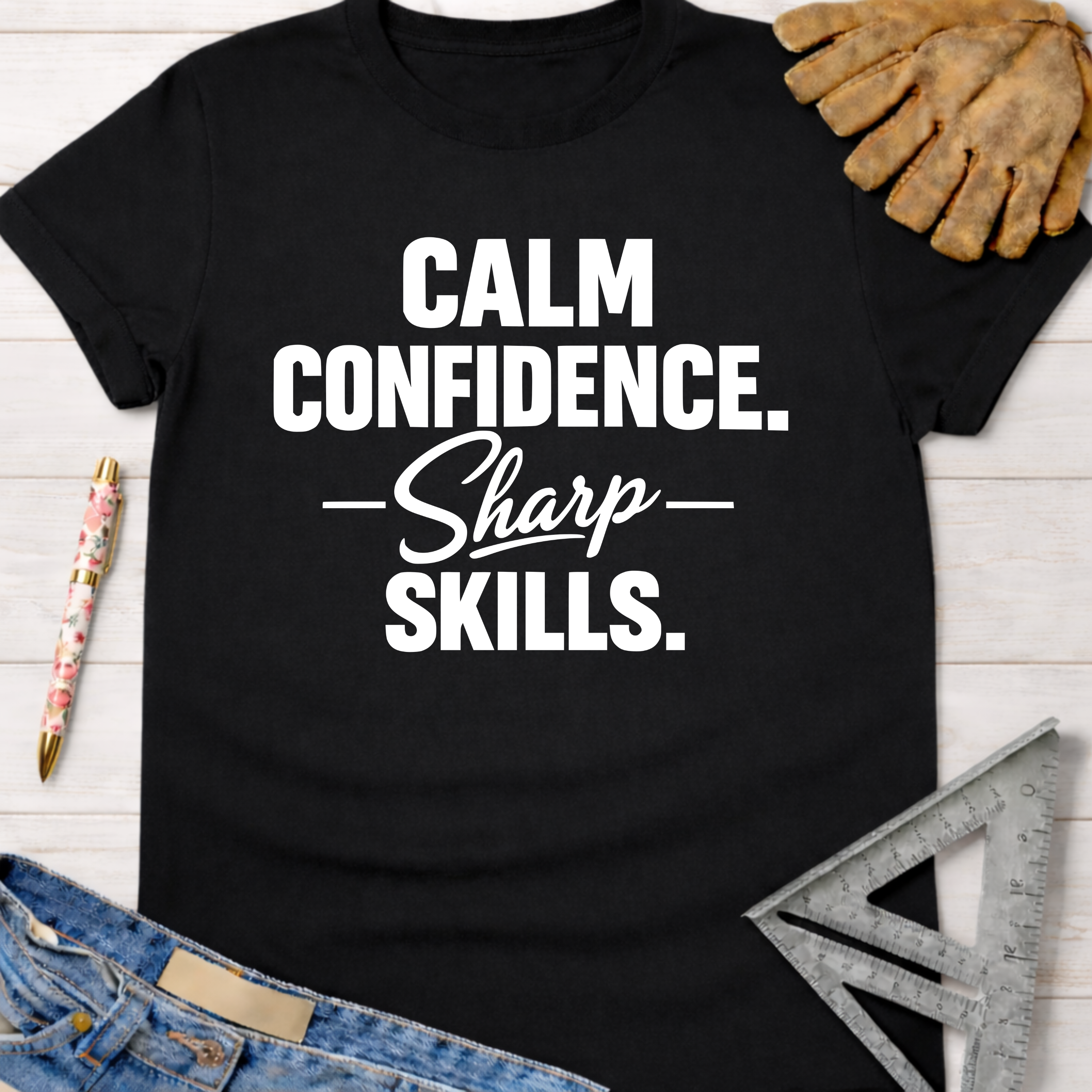Women's funny woodworking graphic tee shirt for female woodworkers, makers, and DIY builders — Sawdust & Ponytails. Black cotton tee with "Calm Confidence. Sharp Skills." text.