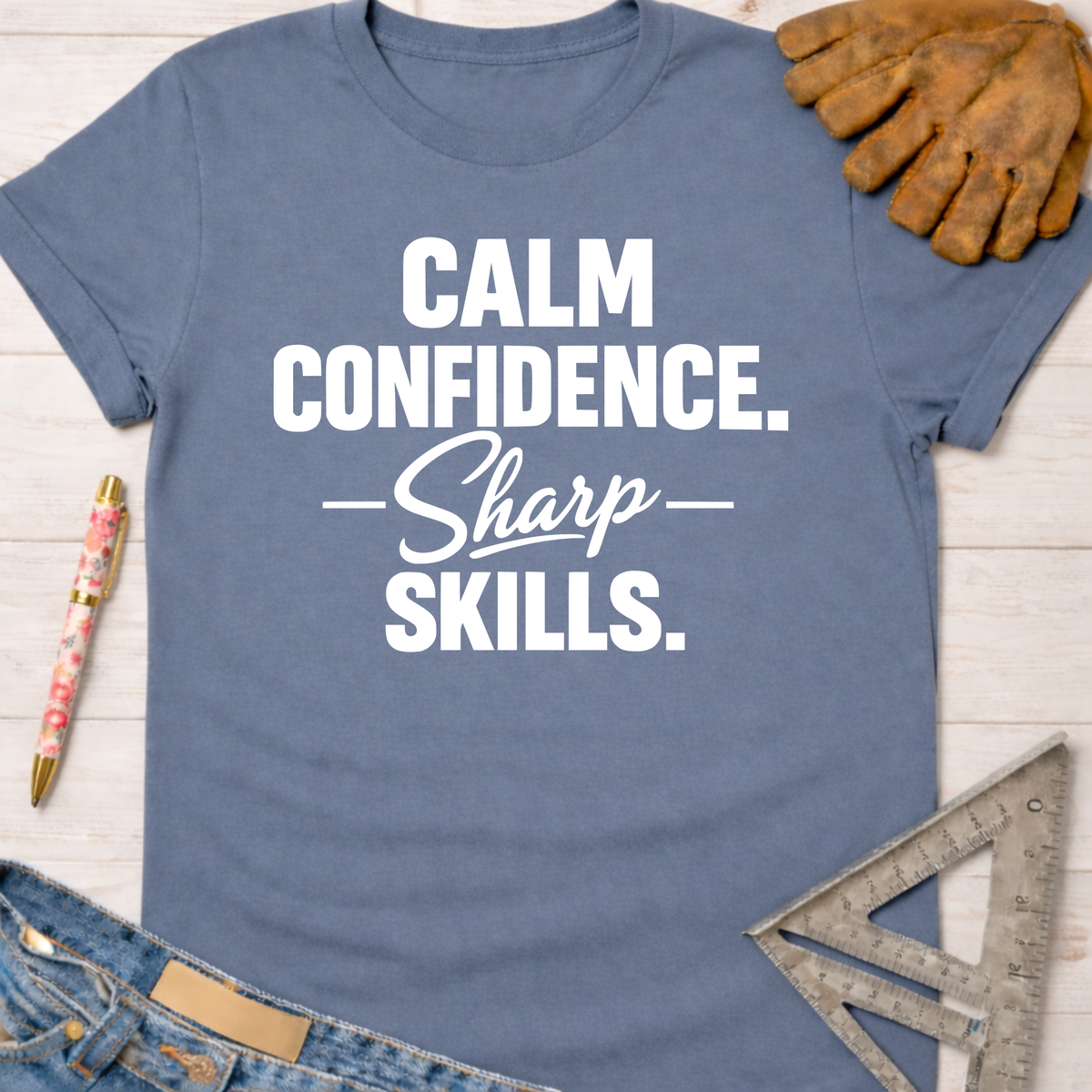Women's funny woodworking graphic tee shirt for female woodworkers, makers, and DIY builders — Sawdust & Ponytails. Blue cotton tee with "Calm Confidence. Sharp Skills." text.