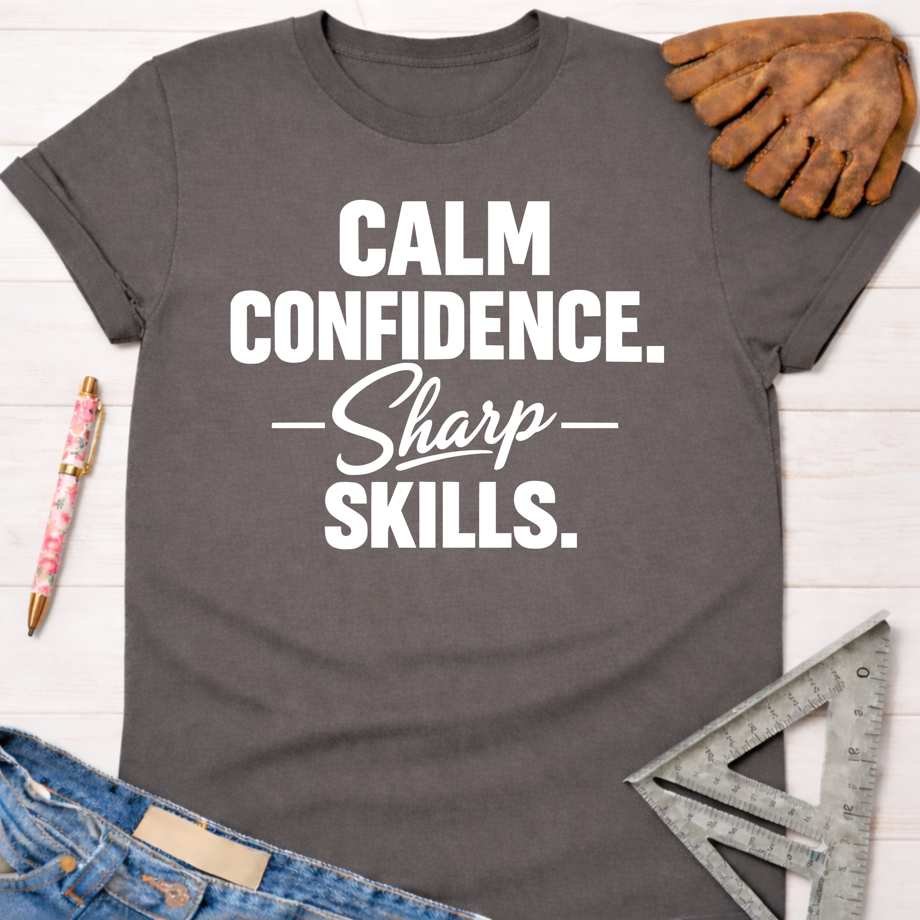 Charcoal gray women's funny woodworking graphic tee with "Calm Confidence. Sharp Skills." text, for female woodworkers, makers, and DIY builders — Sawdust & Ponytails.