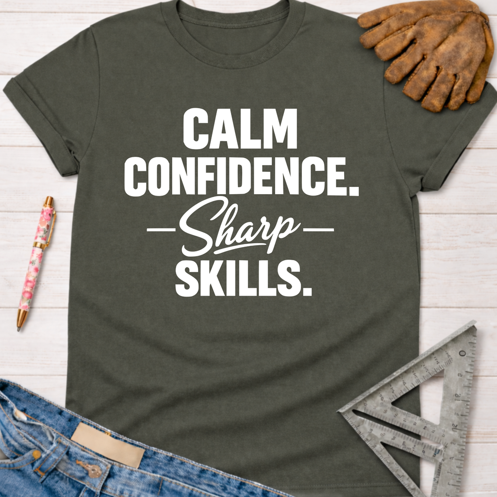Women's funny woodworking graphic tee shirt for female woodworkers, makers, and DIY builders — Sawdust & Ponytails. Dark gray cotton tee with "Calm Confidence. Sharp Skills." in white text.