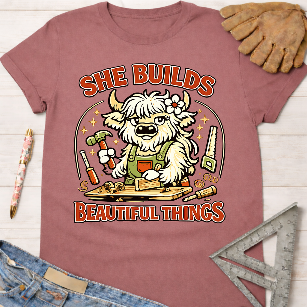 Women's funny woodworking graphic tee shirt for female woodworkers, makers, and DIY builders — Sawdust & Ponytails. Mauve cotton tee with a cartoon highland cow building, "She Builds Beautiful Things" text.