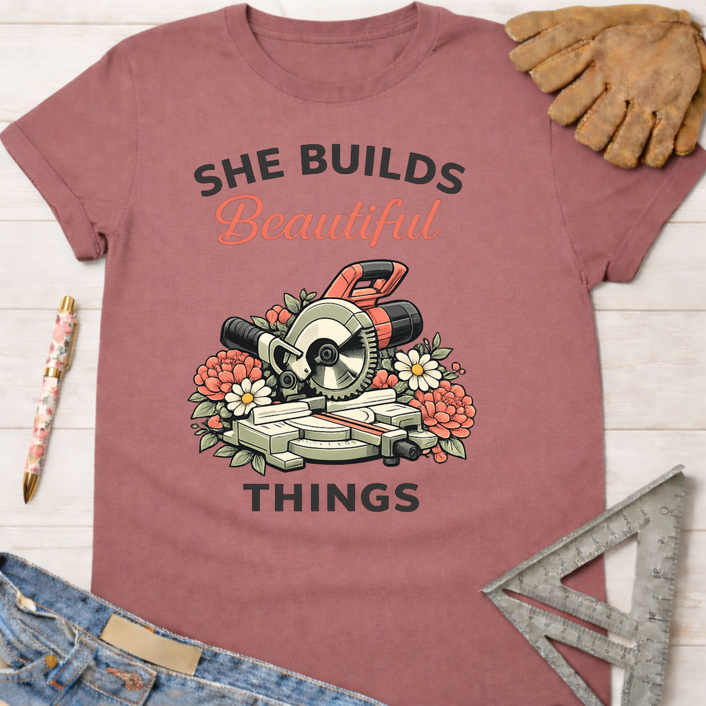 Women's funny woodworking graphic tee shirt for female woodworkers, makers, and DIY builders — Sawdust & Ponytails. Mauve cotton t-shirt with "She Builds Beautiful Things" text and miter saw surrounded by flowers.
