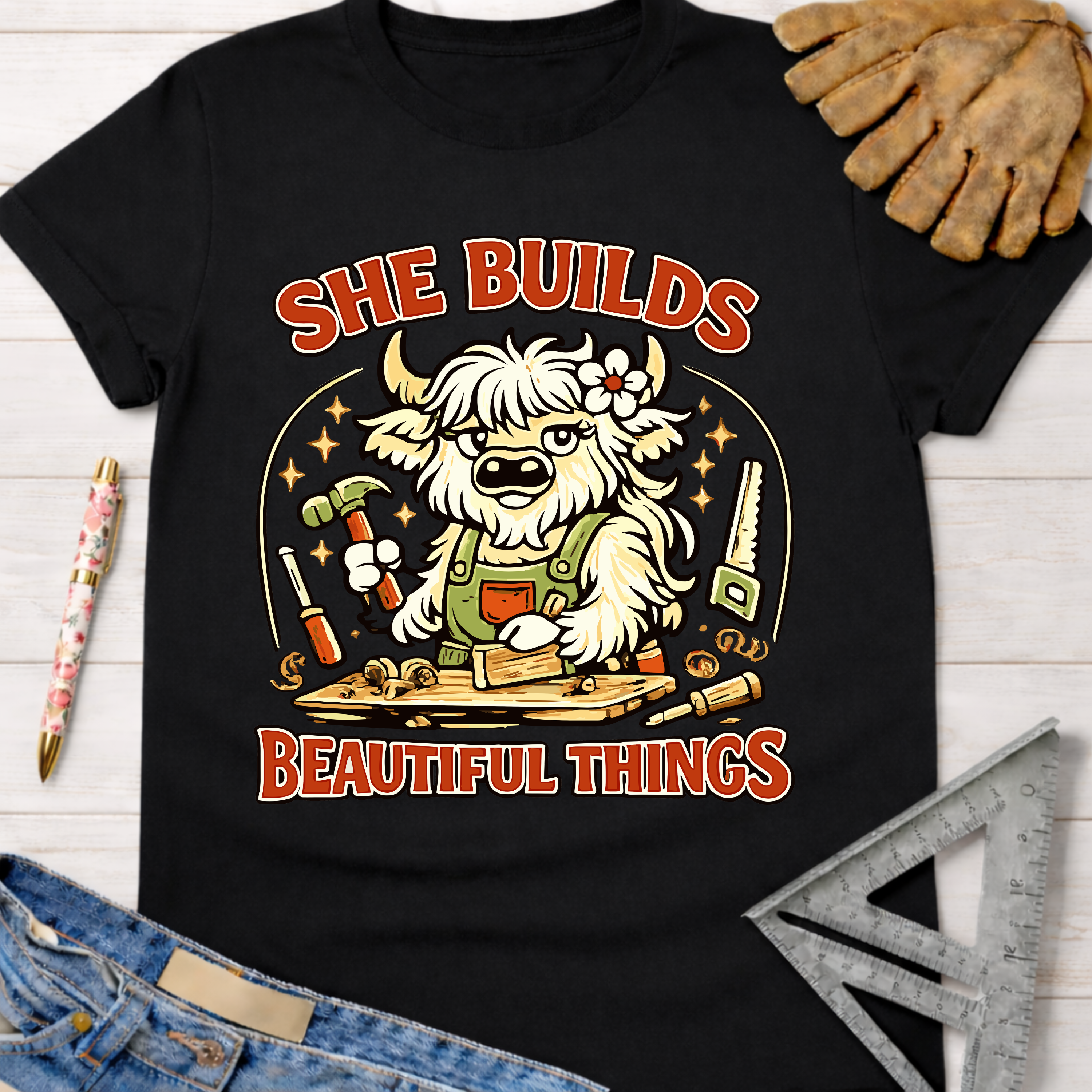 Black cotton tee with "She Builds Beautiful Things" and a cartoon highland cow building. Women's funny woodworking graphic tee shirt for female woodworkers, makers, and DIY builders — Sawdust & Ponytails
