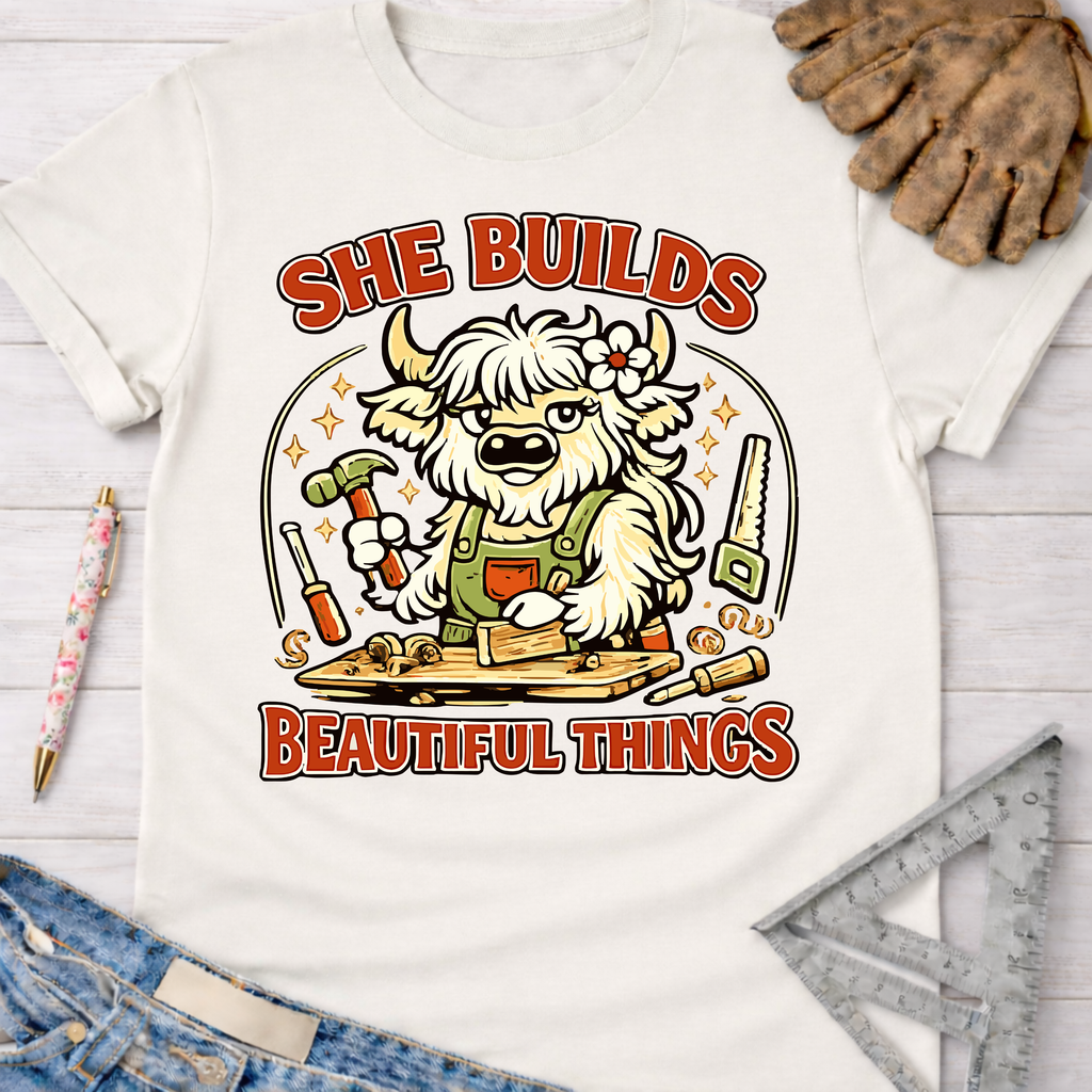 Women's funny woodworking graphic tee shirt for female woodworkers, makers, and DIY builders — Sawdust & Ponytails. White cotton t-shirt with a cartoon highland cow building wood with tools.
