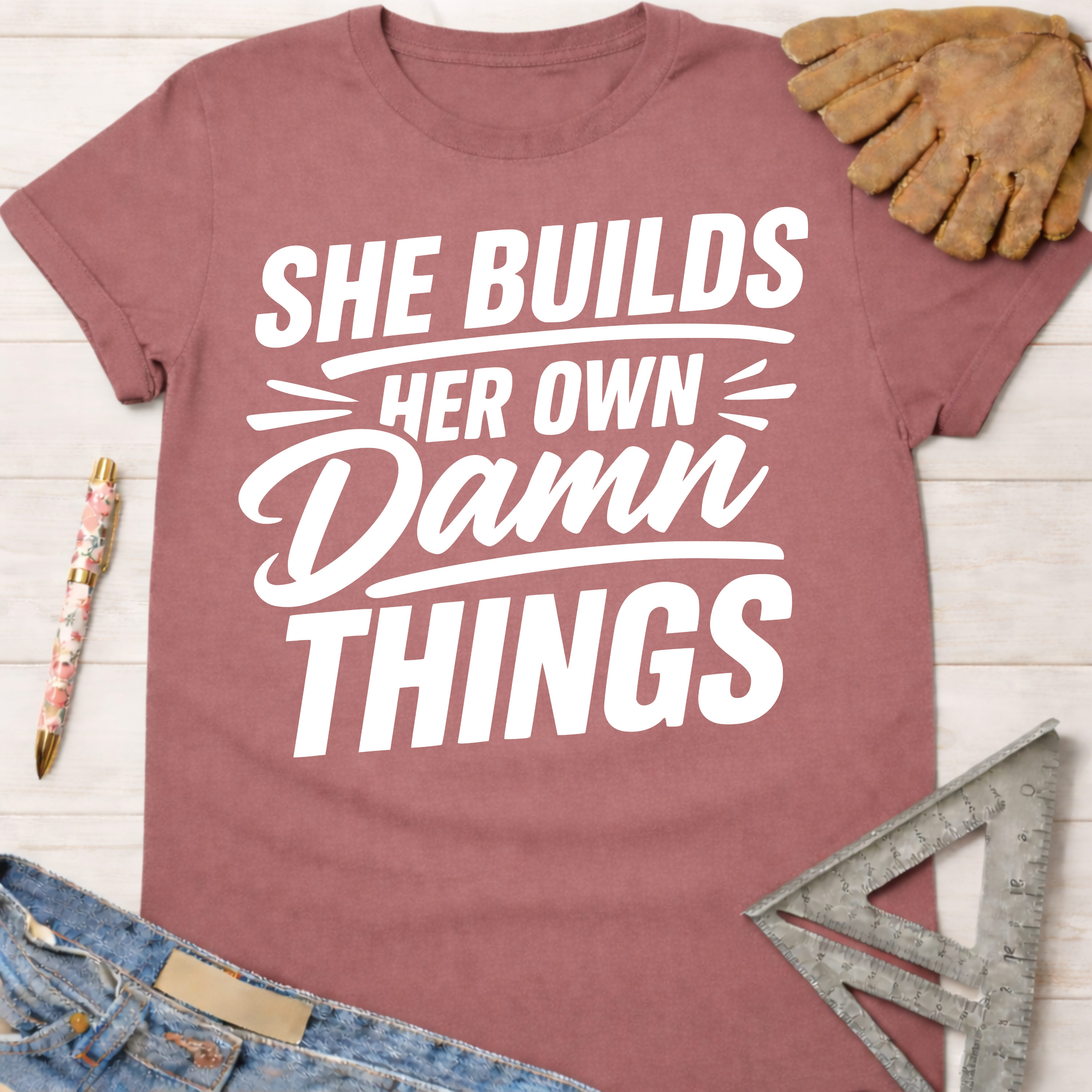 Women's funny woodworking graphic tee shirt for female woodworkers, makers, and DIY builders — Sawdust & Ponytails. Mauve cotton t-shirt with "SHE BUILDS HER OWN Damn THINGS" in white text.