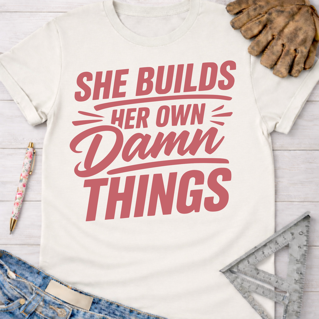 Women's funny woodworking graphic tee shirt for female woodworkers, makers, and DIY builders — Sawdust & Ponytails. Cream t-shirt with "She Builds Her Own Damn Things" in pink.