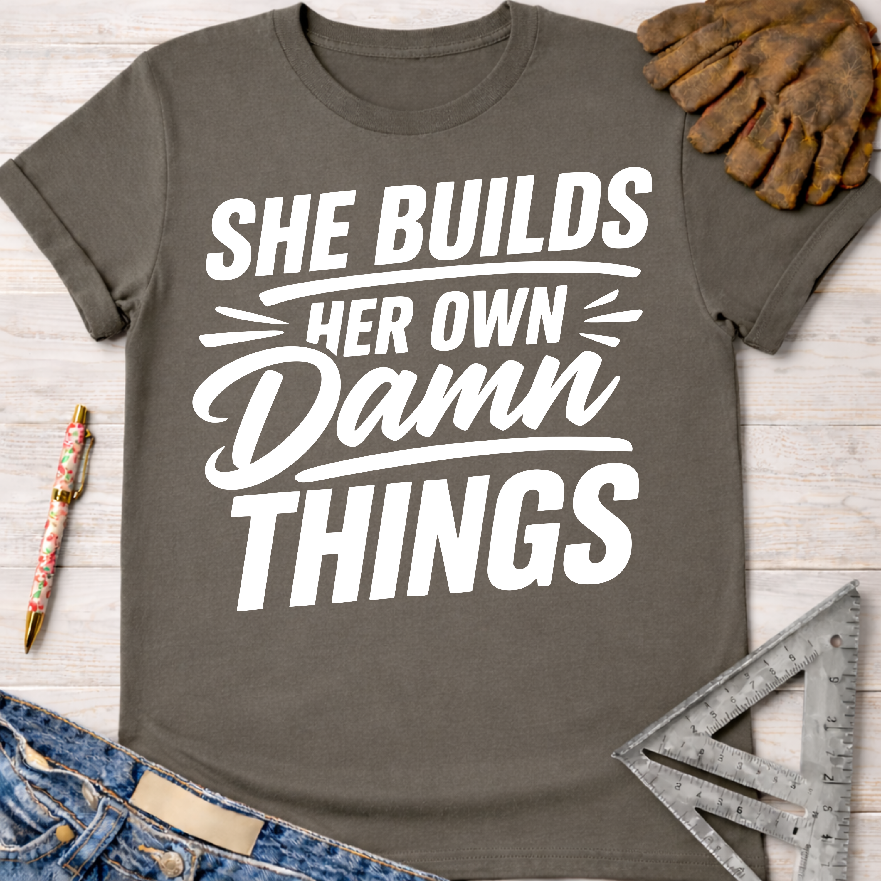 Charcoal gray cotton t-shirt with "SHE BUILDS HER OWN Damn THINGS" in white text. Women's funny woodworking graphic tee shirt for female woodworkers, makers, and DIY builders — Sawdust & Ponytails.