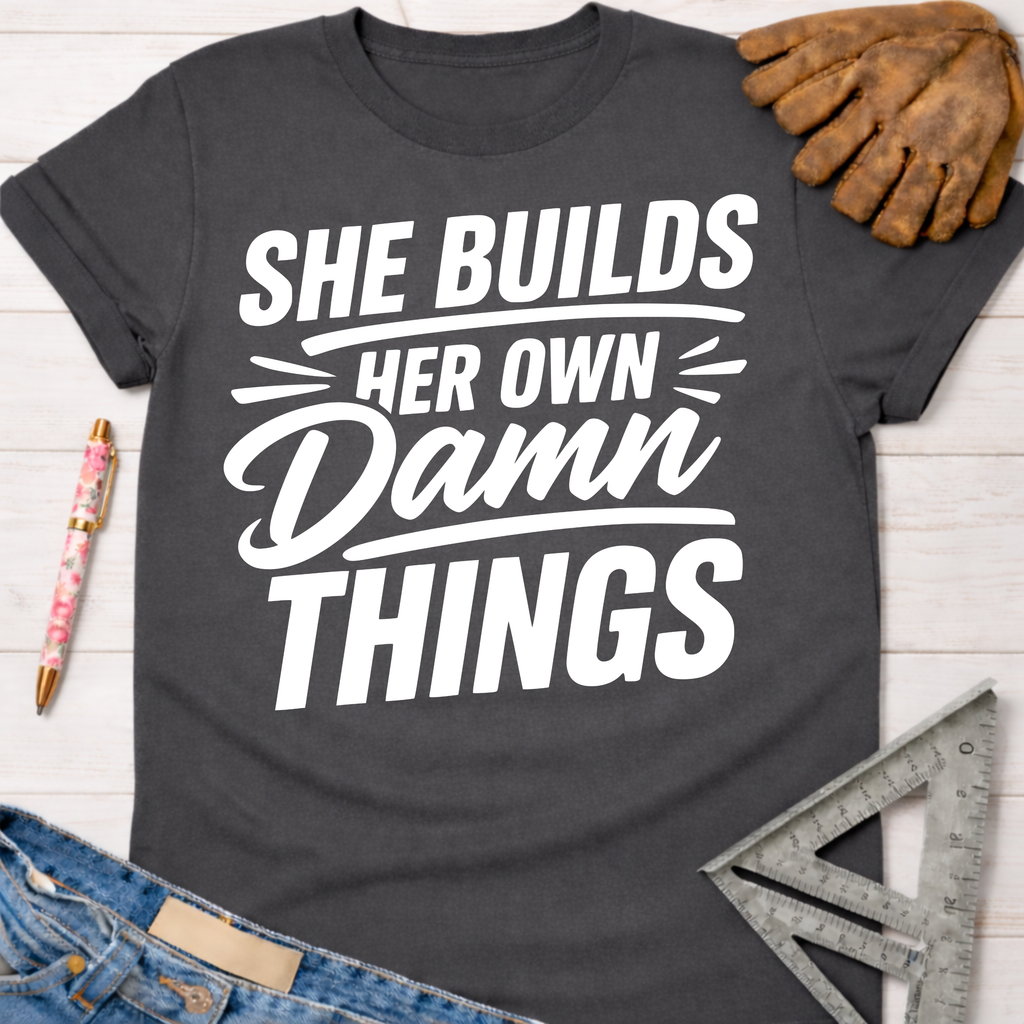 Charcoal gray women's "She Builds Her Own Damn Things" graphic tee, with work gloves and tools.
