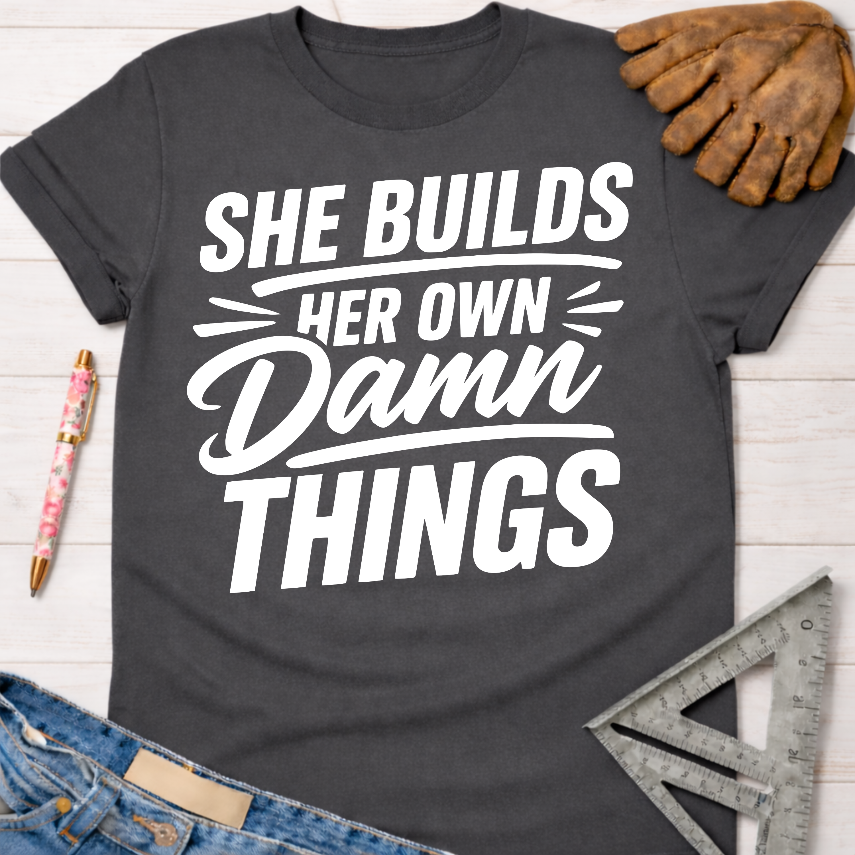 Charcoal gray women's "She Builds Her Own Damn Things" graphic tee, with work gloves and tools.